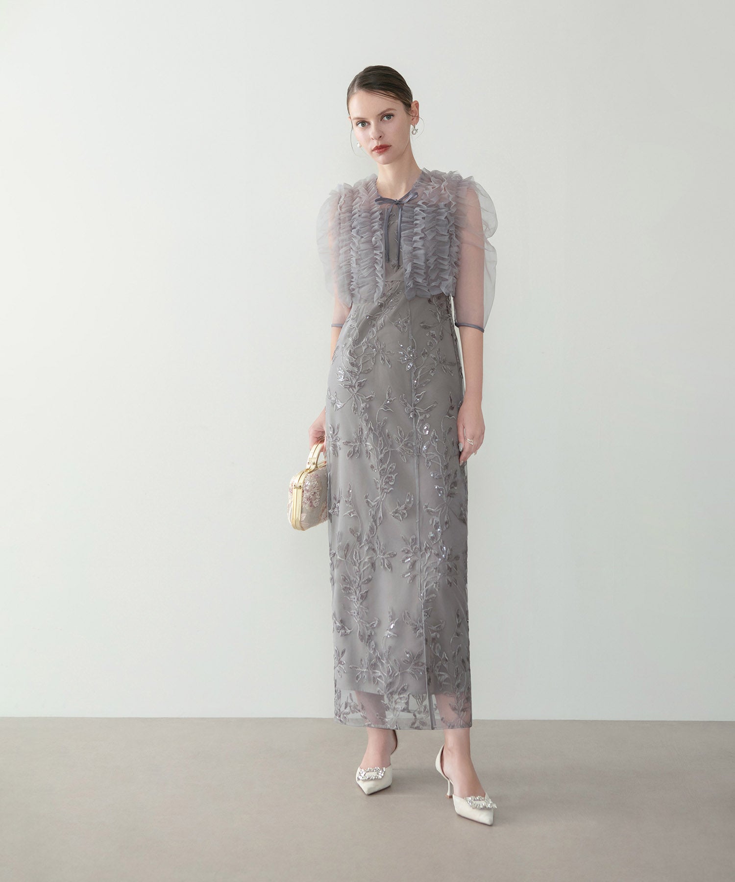 【当日発送】チュールフリルボレロフラワースパンコールIラインワンピースドレス