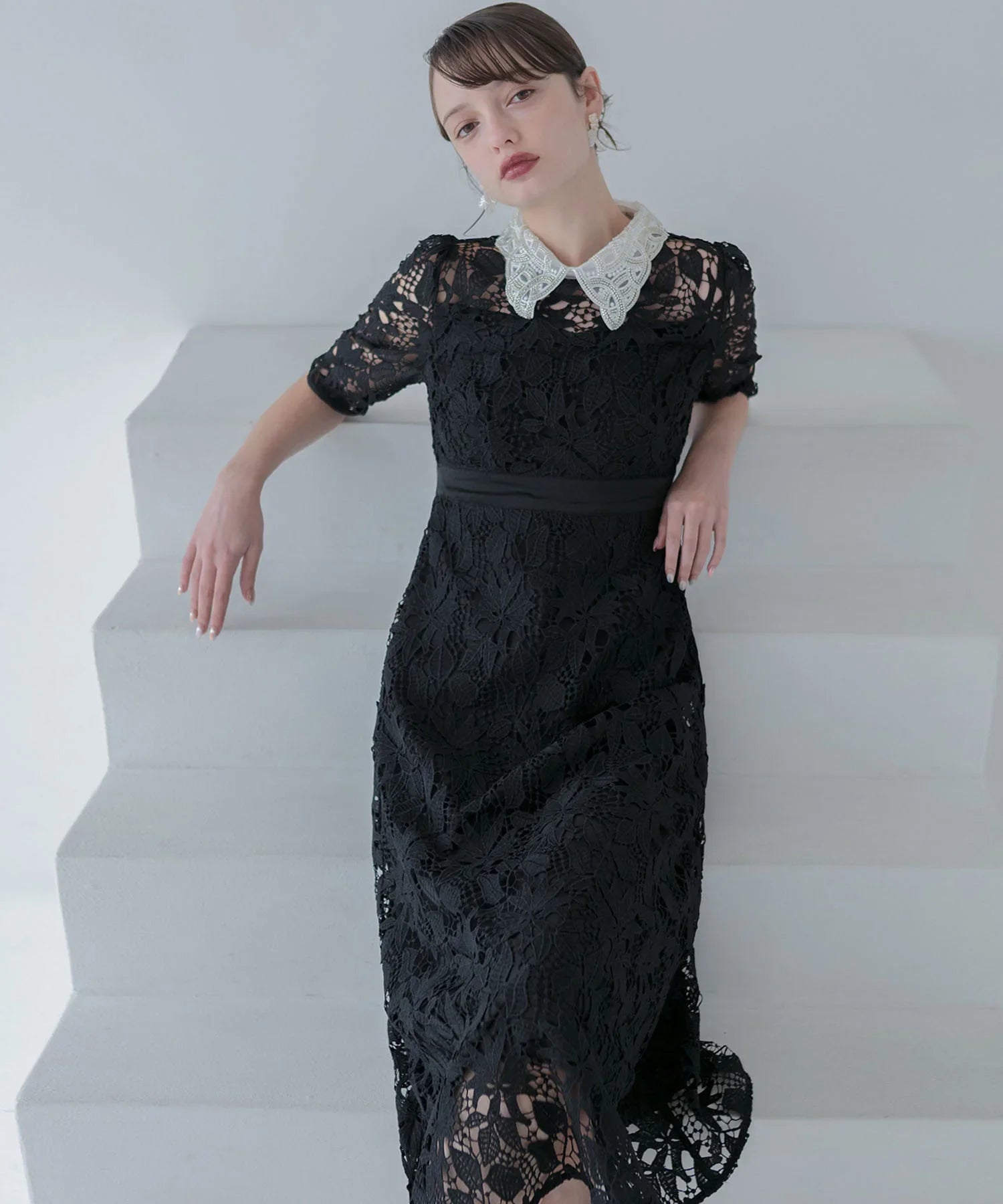 【一部当日発送】花柄レースビジューカラーAラインワンピースドレス