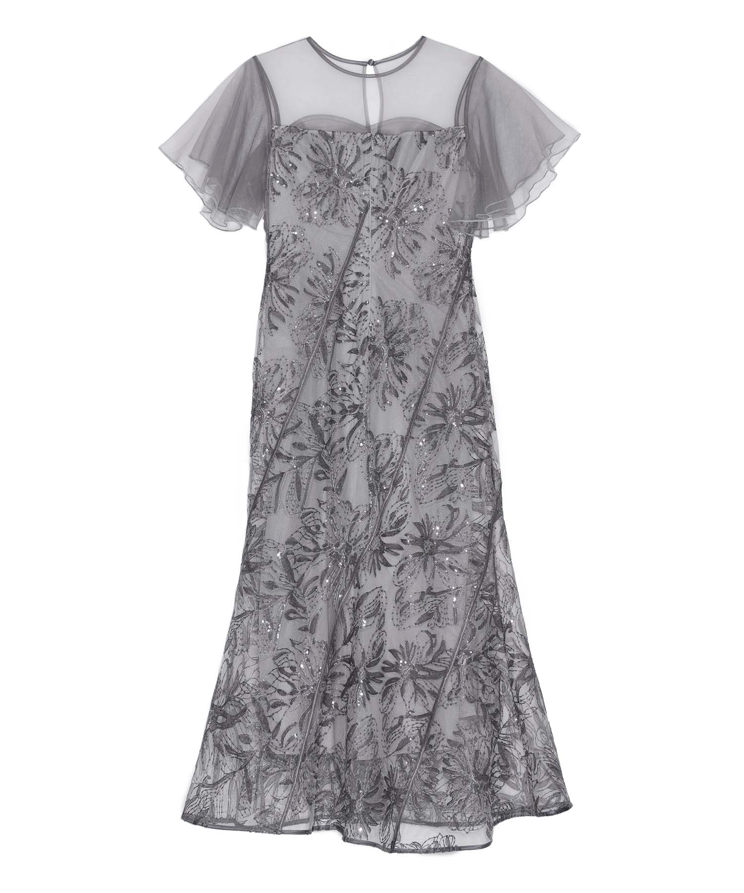 【予約販売】フラワースパンコールチュールフレアスリーブマーメイドワンピースドレス