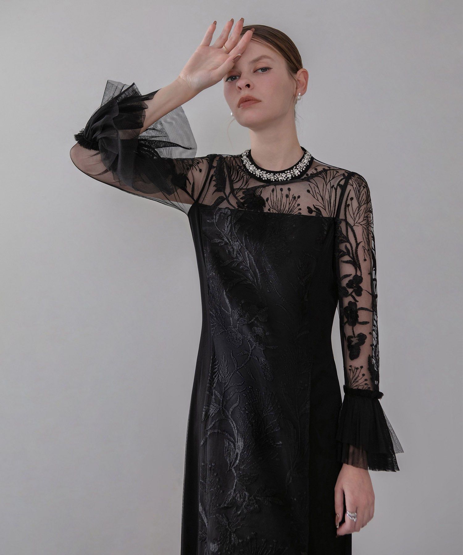 【当日発送】フラワーレースジュエルカラーIラインワンピースドレス