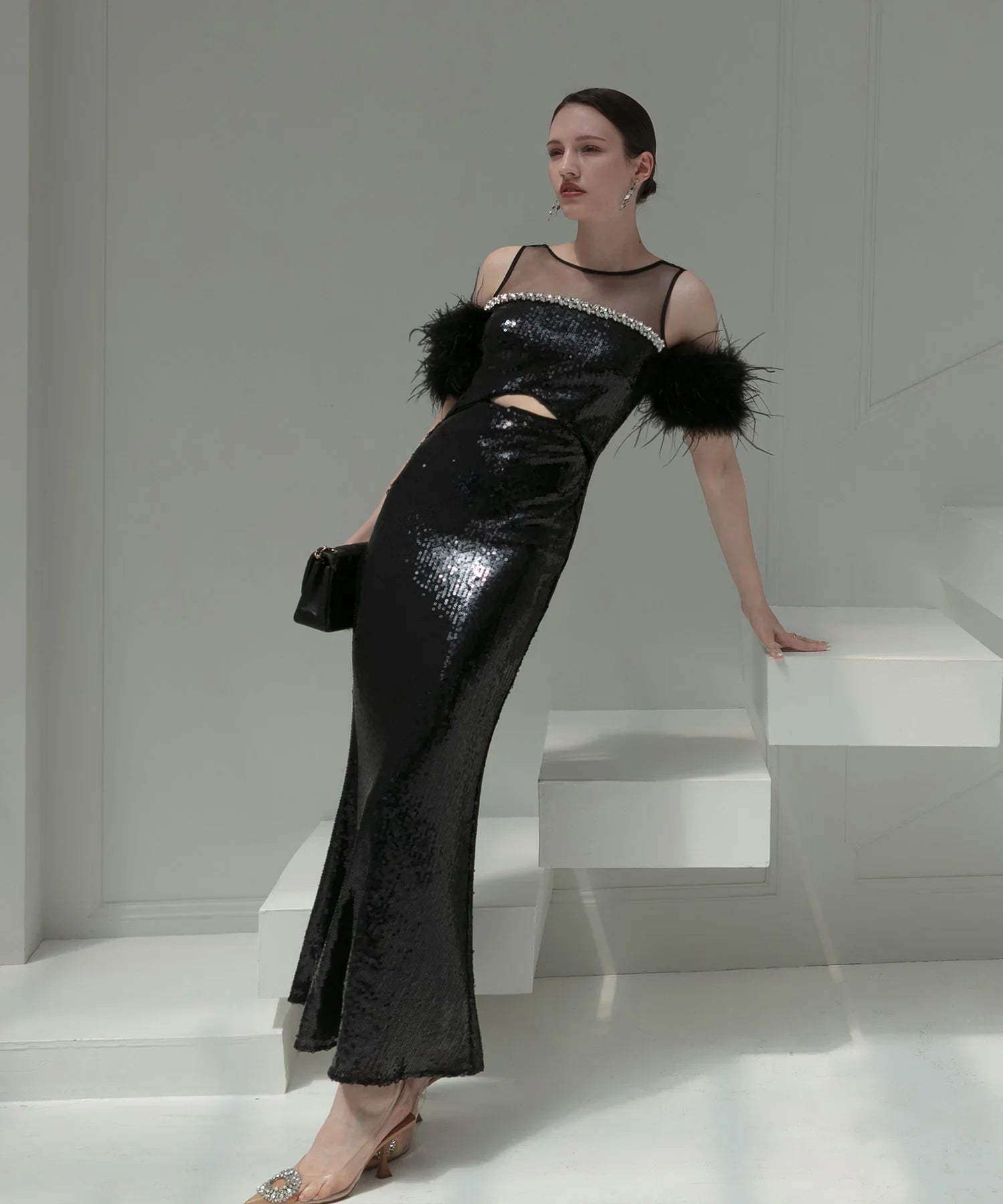 【LEJA LUXE】2WAYファースリーブスパンコールマーメイドドレス