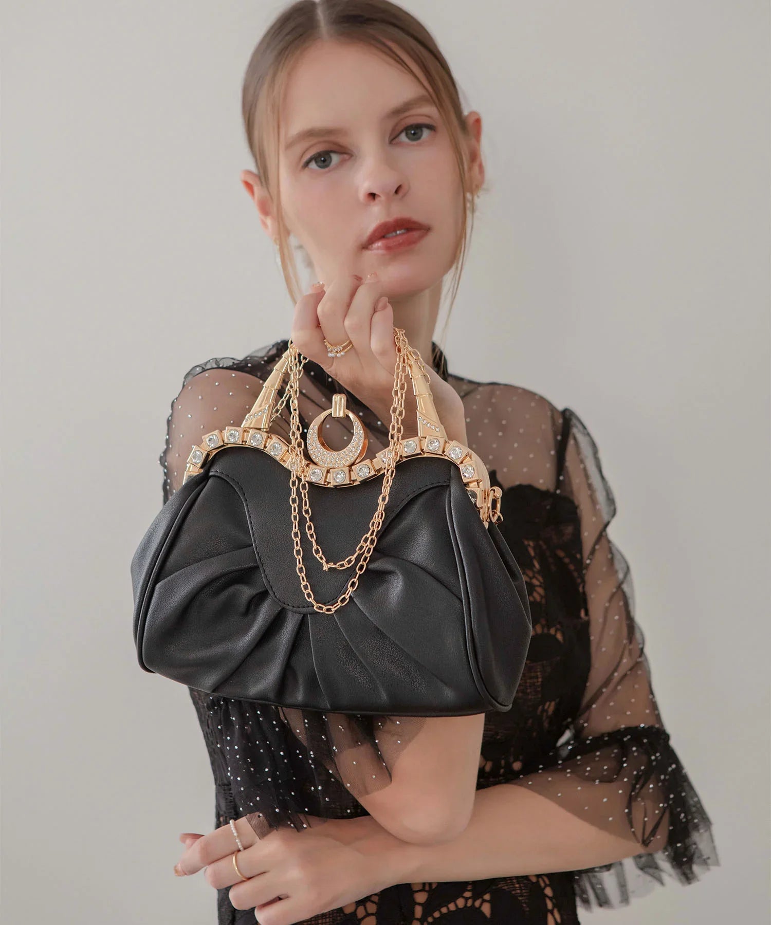 【当日発送】フェイクレザープリーツデザインビジュー2WAYショルダーバッグ