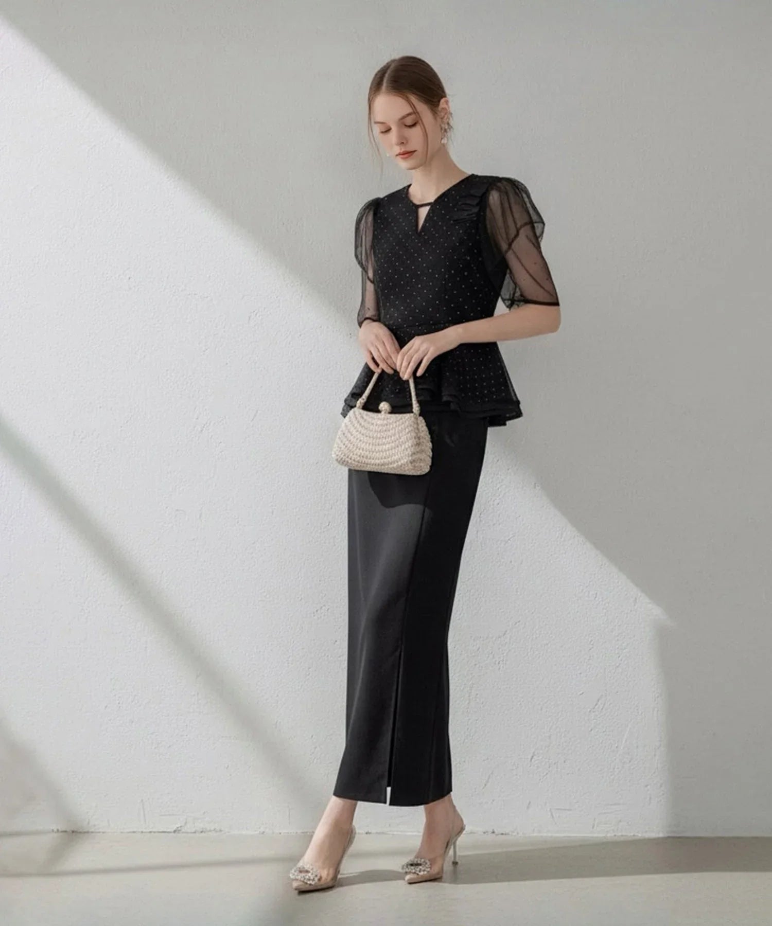 【当日発送】ドットストーンチュールペプラムセパレートIラインドレス