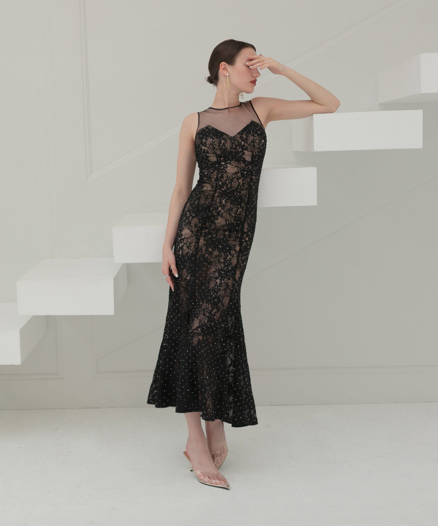【LEJA LUXE】Lace stone sequin flower mermaid dress