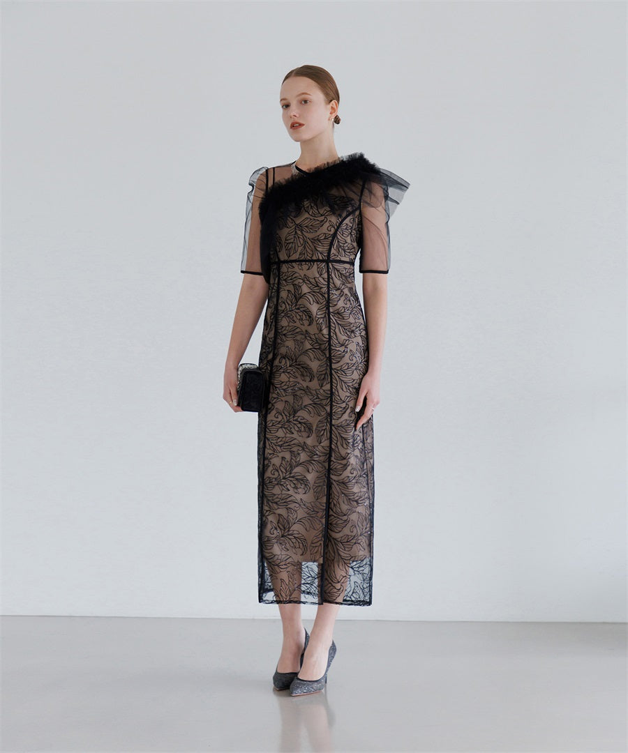 【当日発送】3WAYフラワーチュールアシンメトリーIラインワンピースドレス