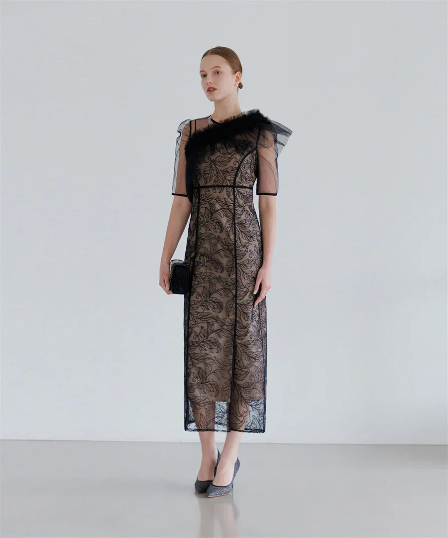 【当日発送】3WAYフラワーチュールアシンメトリーIラインワンピースドレス