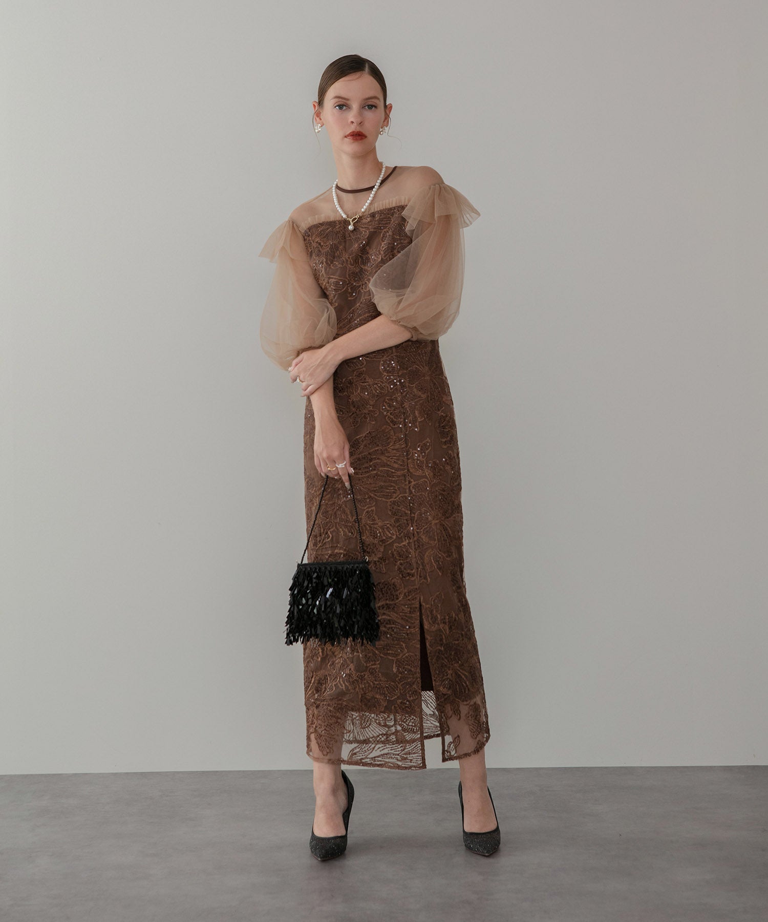 【一部当日発送】フラワースパンコールシアーフリルスリーブIラインワンピースドレス