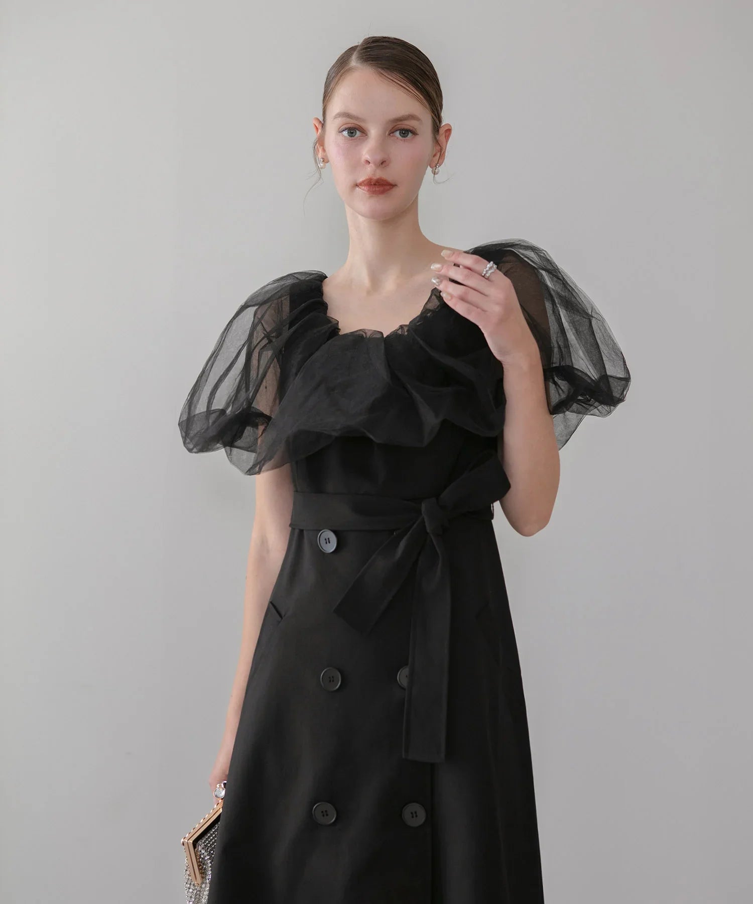 【当日発送】3WAYオフショルチュールトレンチディティールワンピ―スドレス