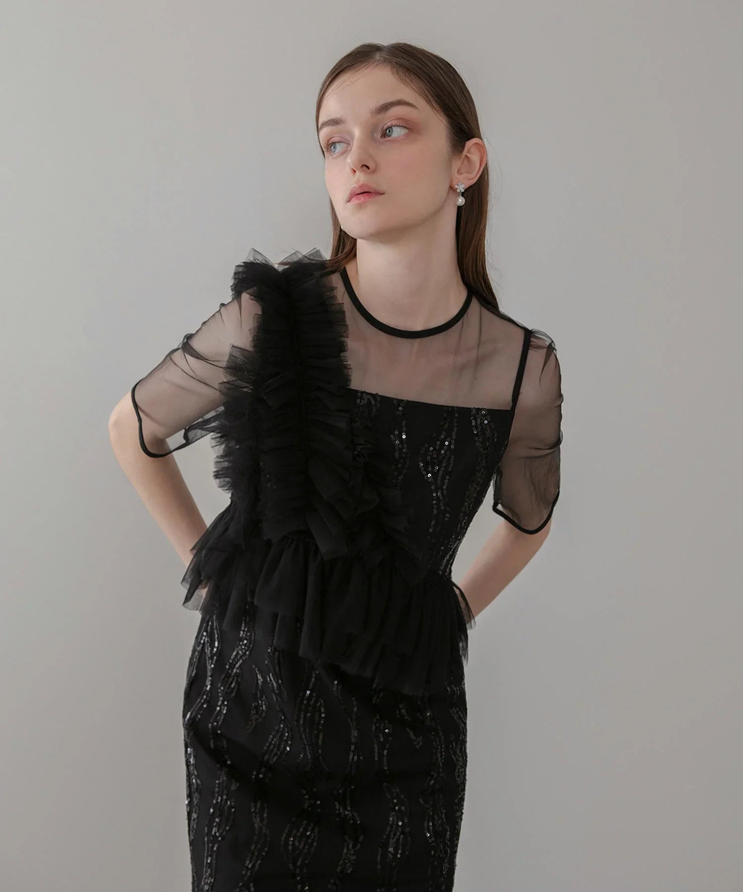 【当日発送】アシンメトリーフリルチュールIラインワンピースドレス