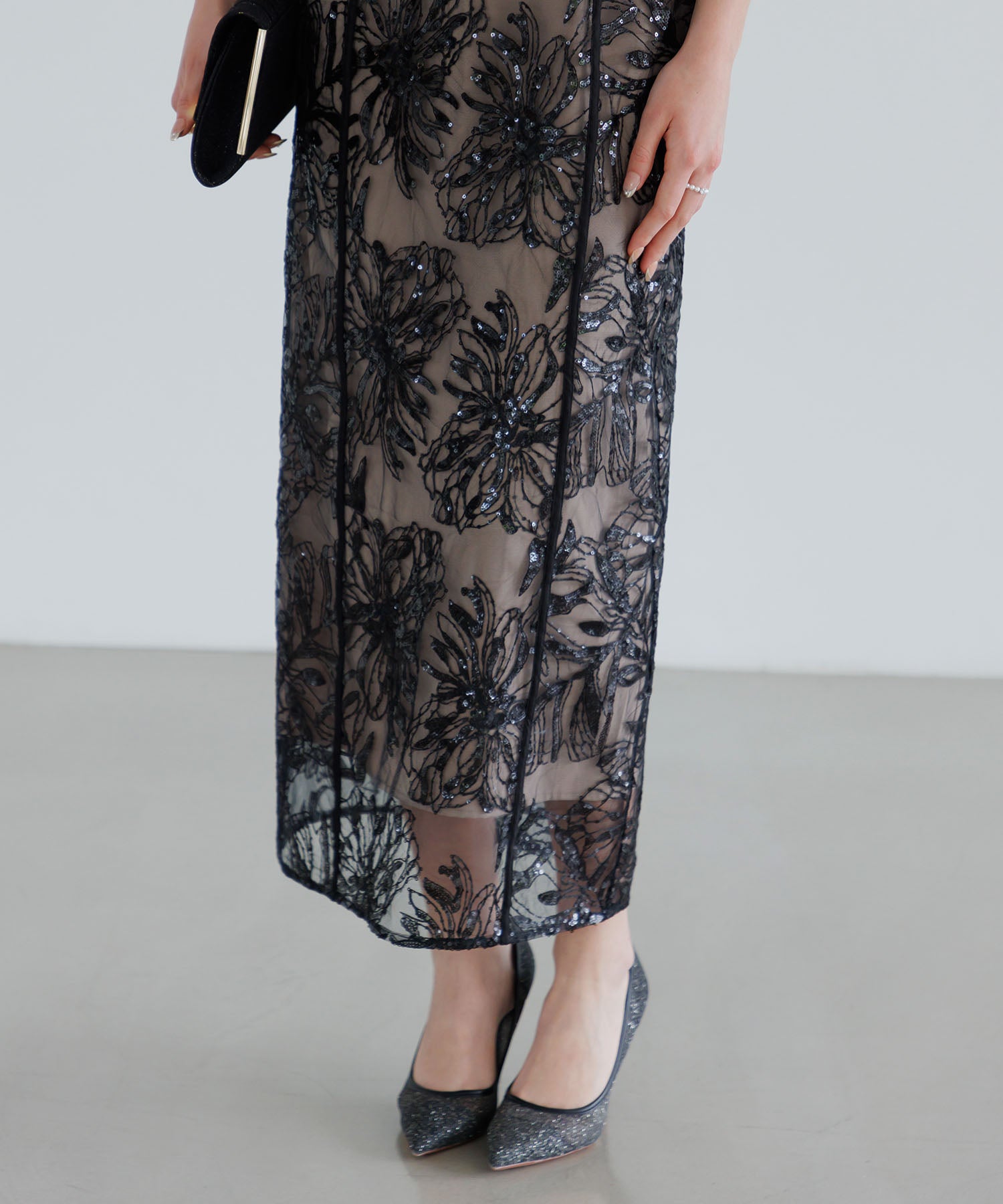 【当日発送】アシンメトリーシアーフラワーワンピースドレス