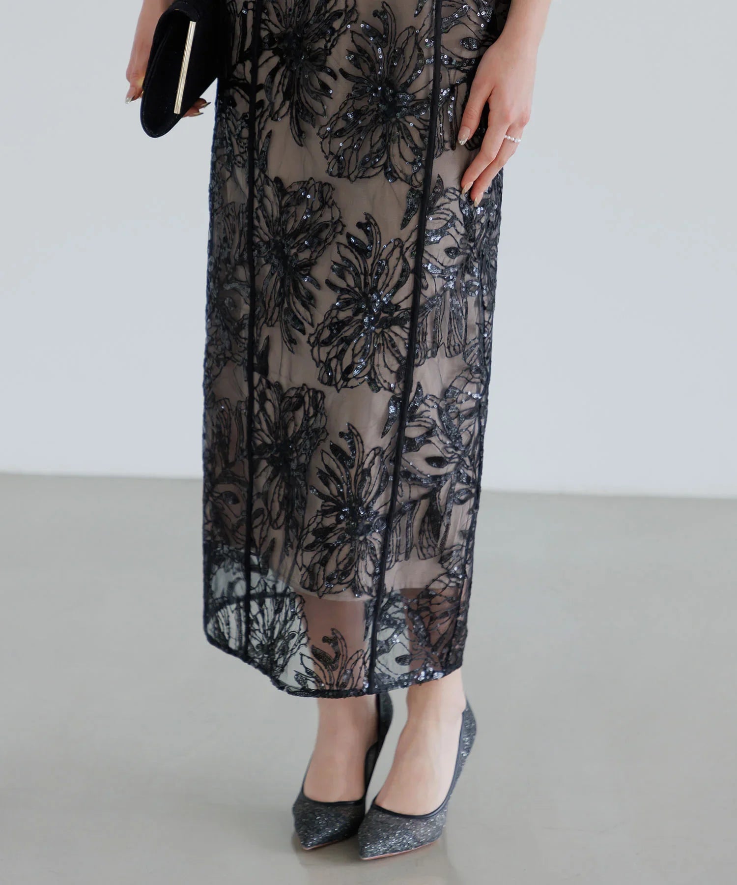 【当日発送】アシンメトリーシアーフラワーワンピースドレス