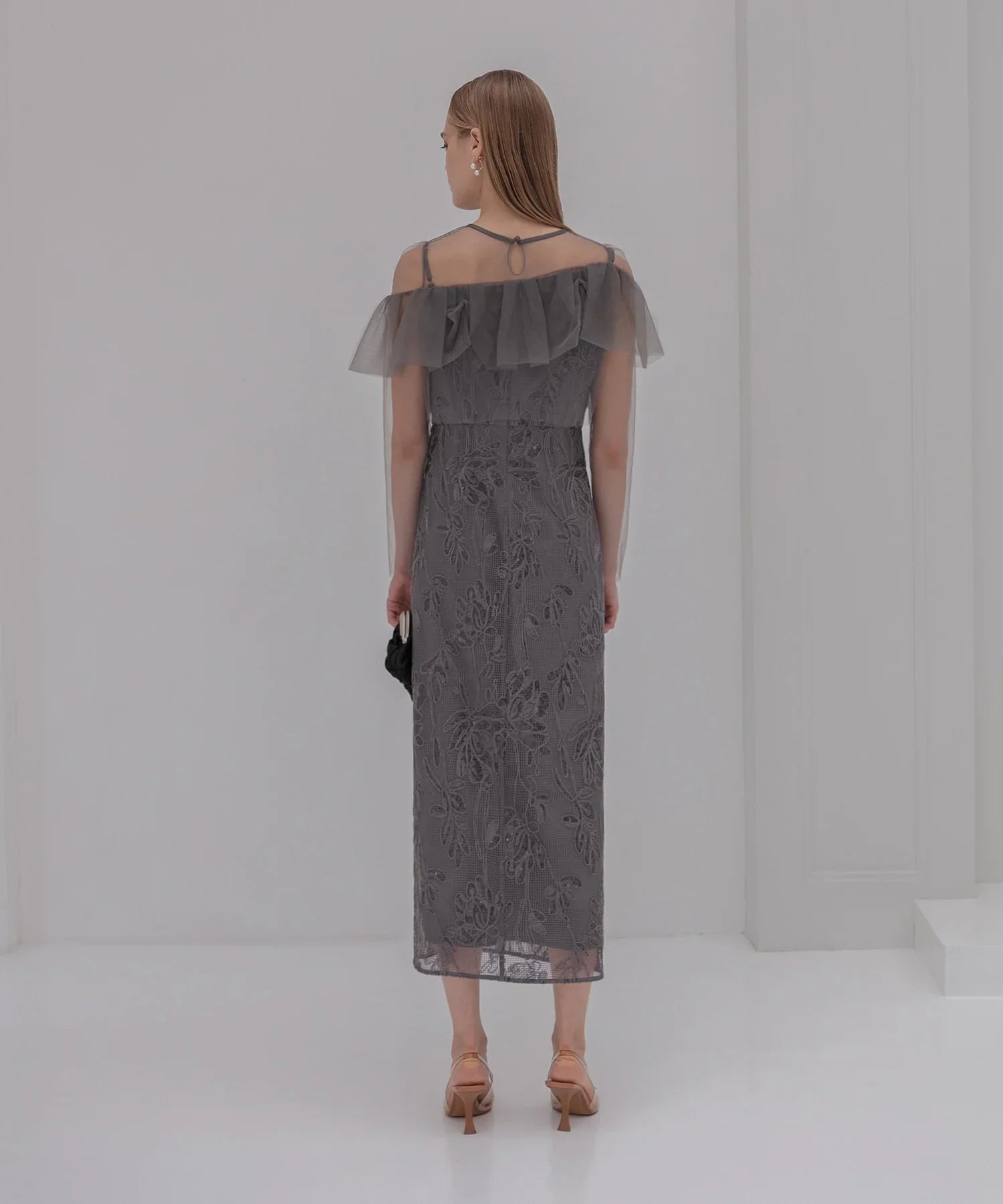 【当日発送】2WAYアシンメトリーフリルチュールフラワーIラインワンピースドレス