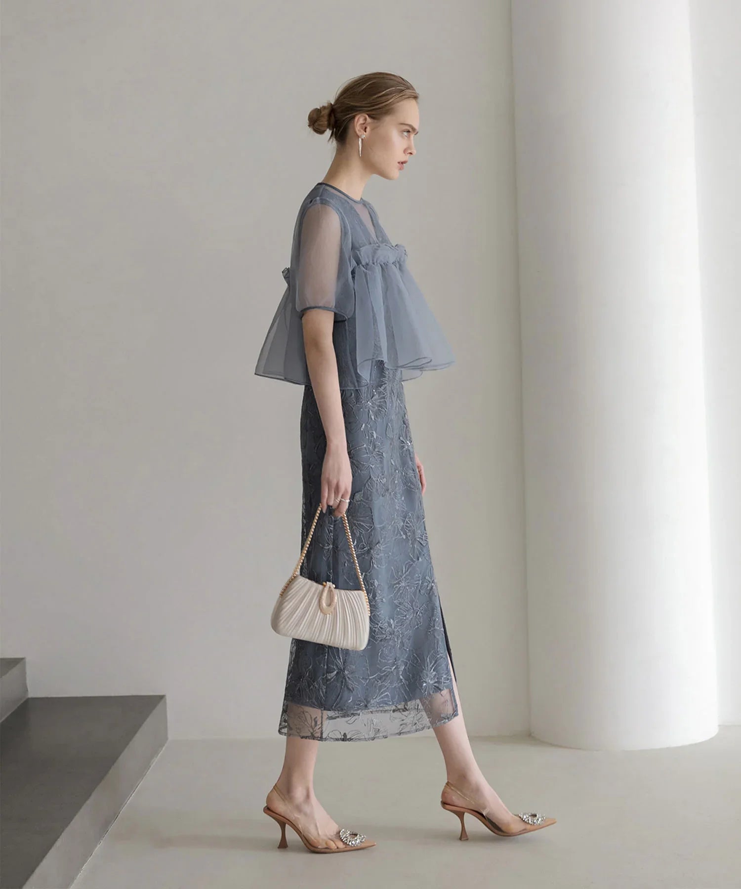 【当日発送】ボリュームシアーフリルジャガードIラインワンピースドレス