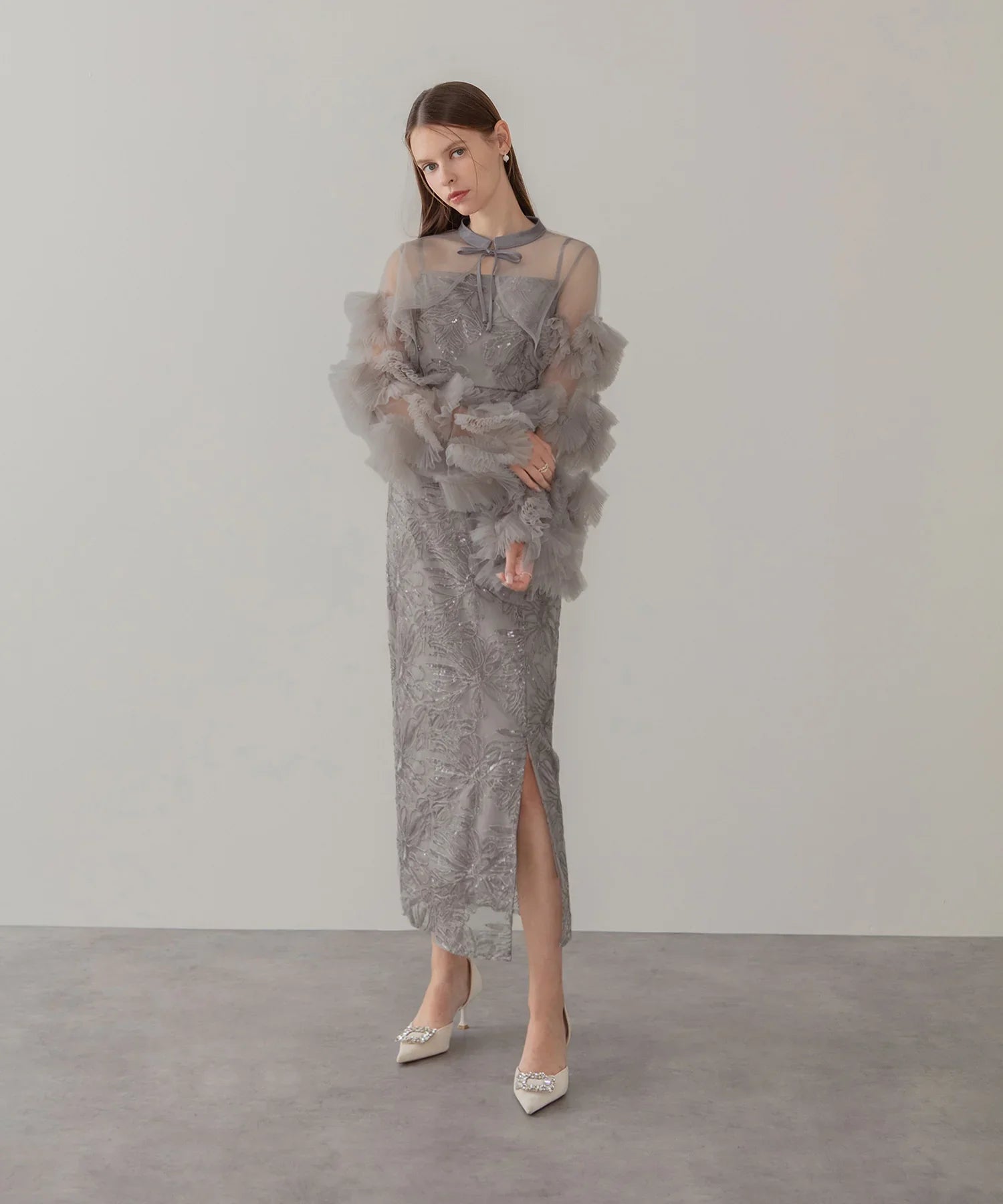 【一部当日発送】フリルチュールスリーブリボンIラインワンピースドレス