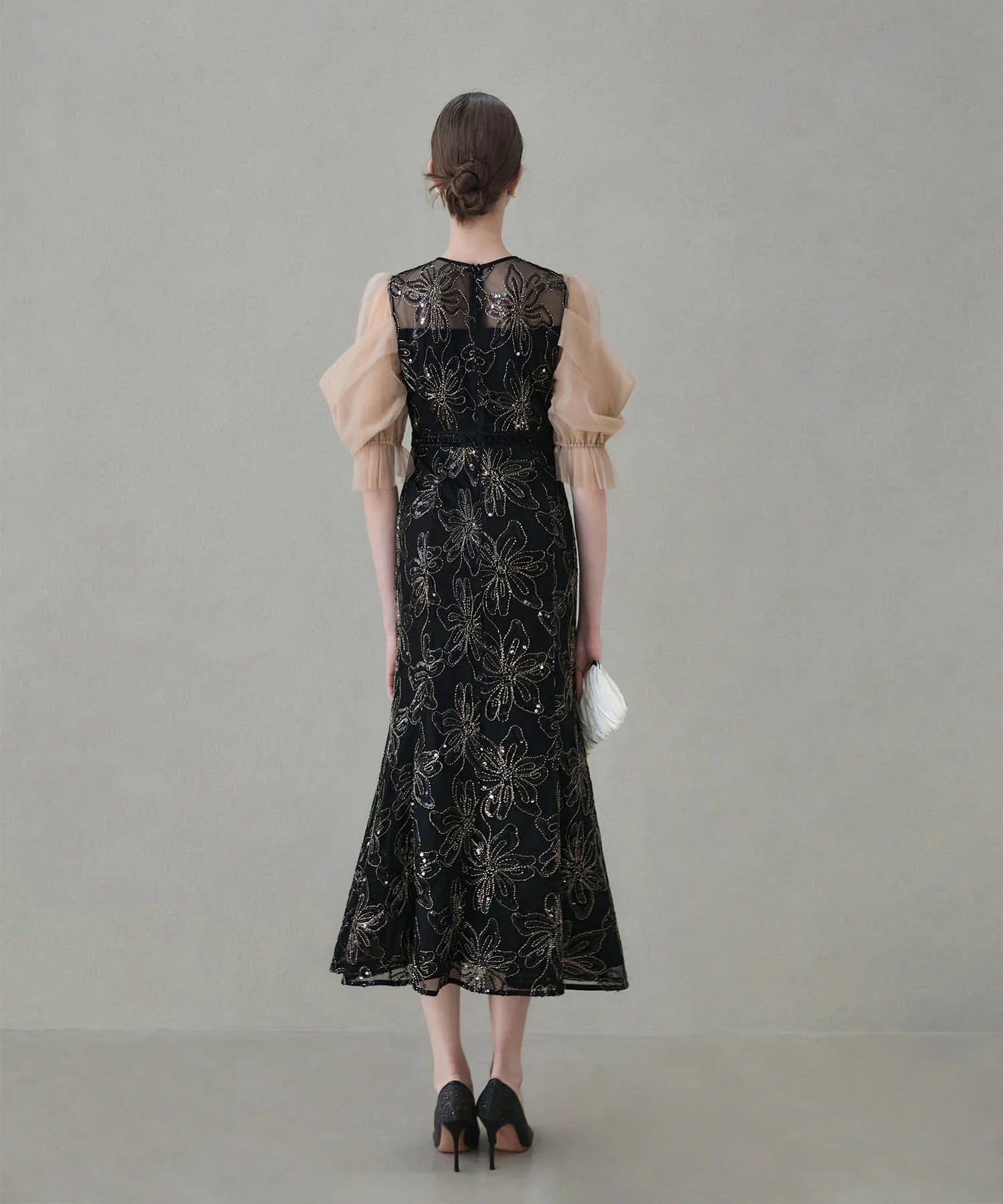 【予約販売】スパンコールフラワーリボンチュールワンピースドレス