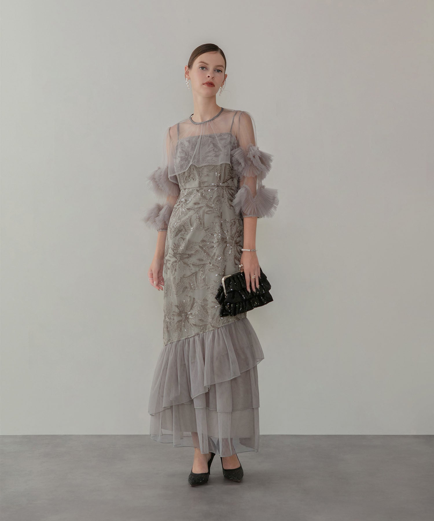 【一部当日発送】フラワースパンコールチュールフリルスリーブIラインワンピースドレス