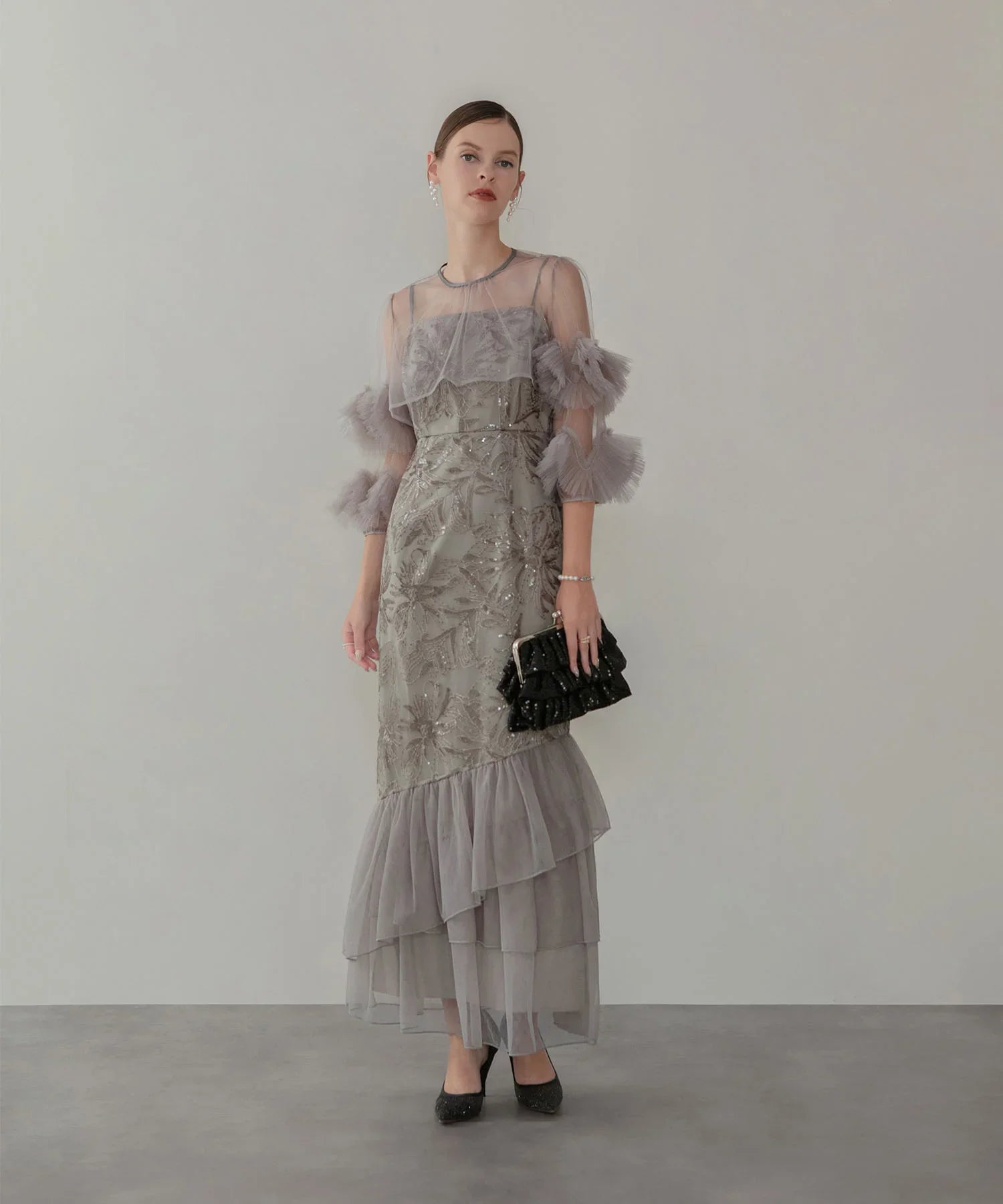 【一部当日発送】フラワースパンコールチュールフリルスリーブIラインワンピースドレス