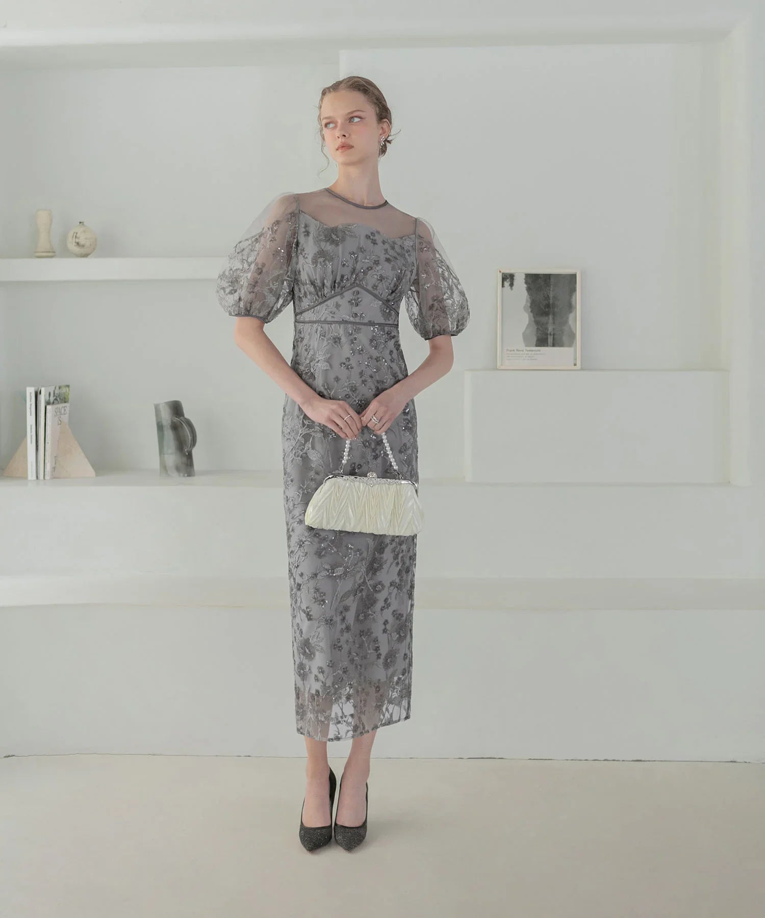 【当日発送】フラワーディテールパフスリーブIラインワンピースドレス