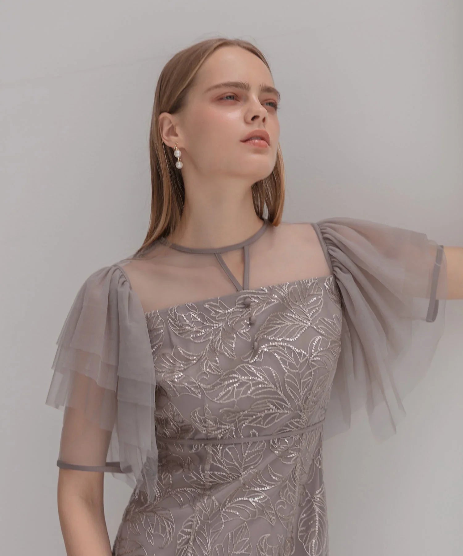 【当日発送】チュールスリーブボタニカルマーメイドワンピースドレス