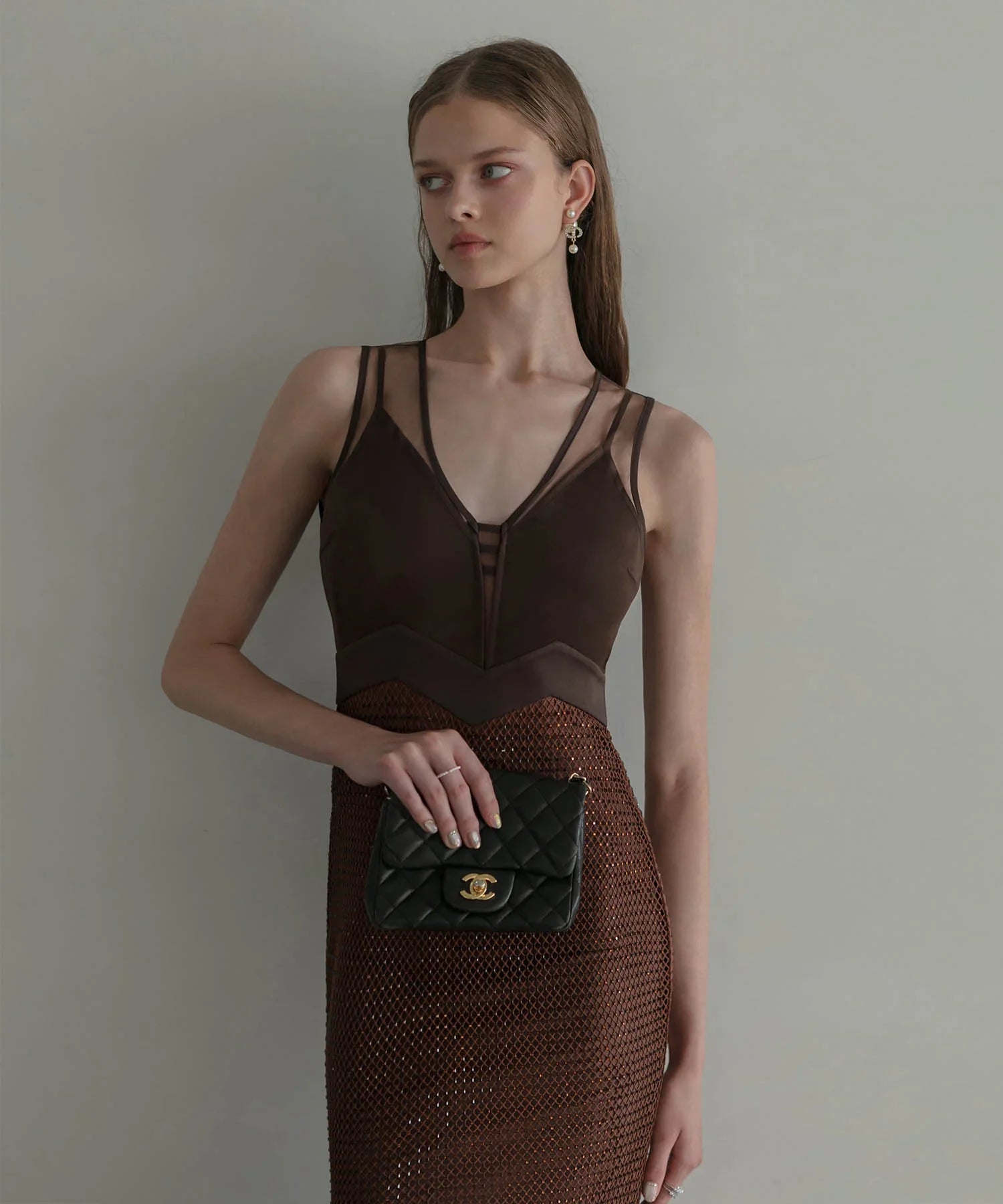 【LEJA LUXE】VネックメッシュストーンIラインドレス