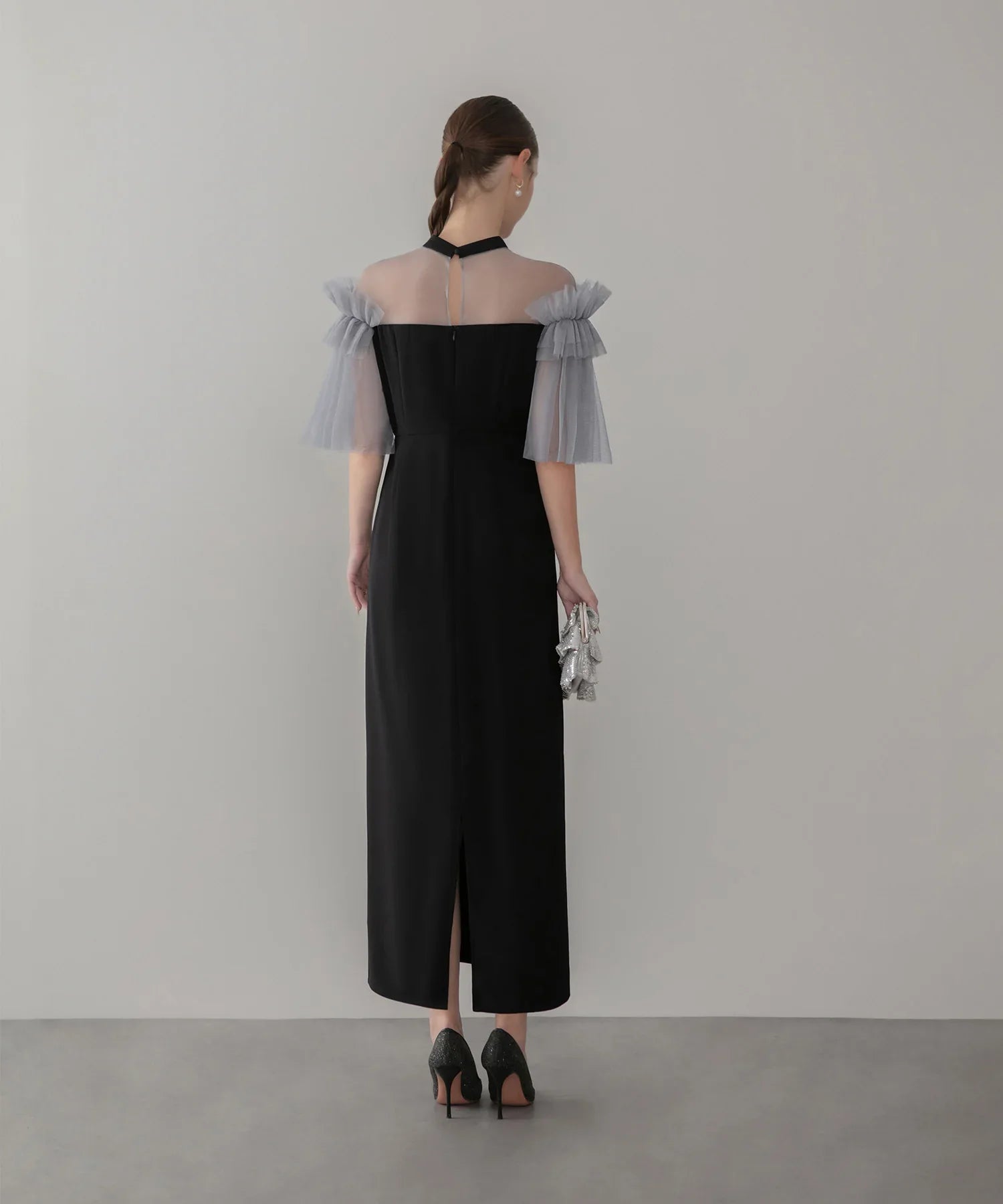 【当日発送】チュールフリルショルダーシアーIラインワンピースドレス