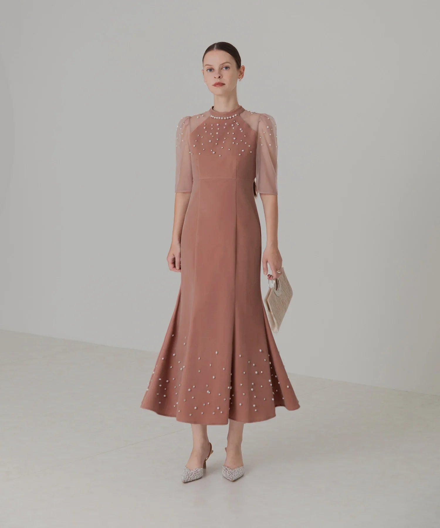 【当日発送】シアースリーブパールビジューベロアマーメイドワンピースドレス