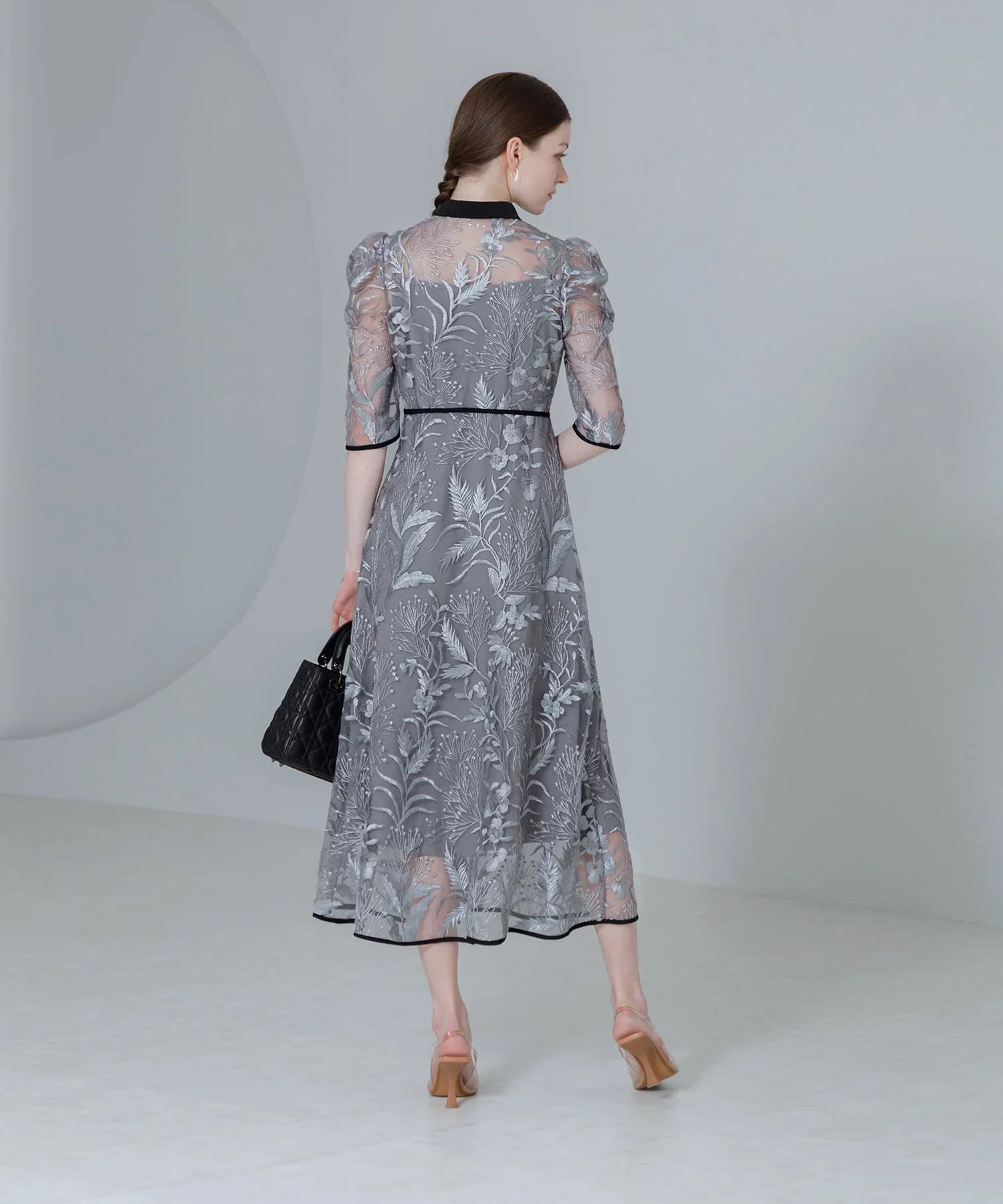 【当日発送】花柄チュールパフスリーブワンピースドレス