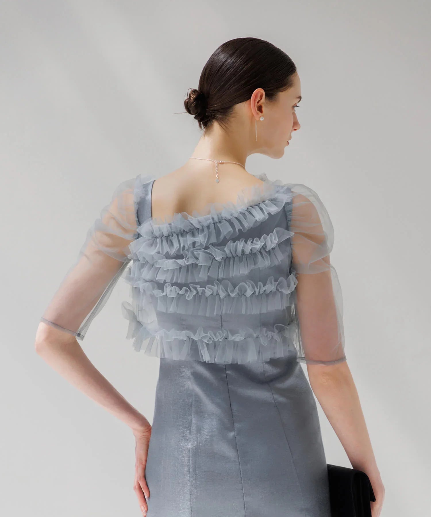 【SOLD OUT】チュールアシンメトリーティアードフリルIラインワンピースドレス