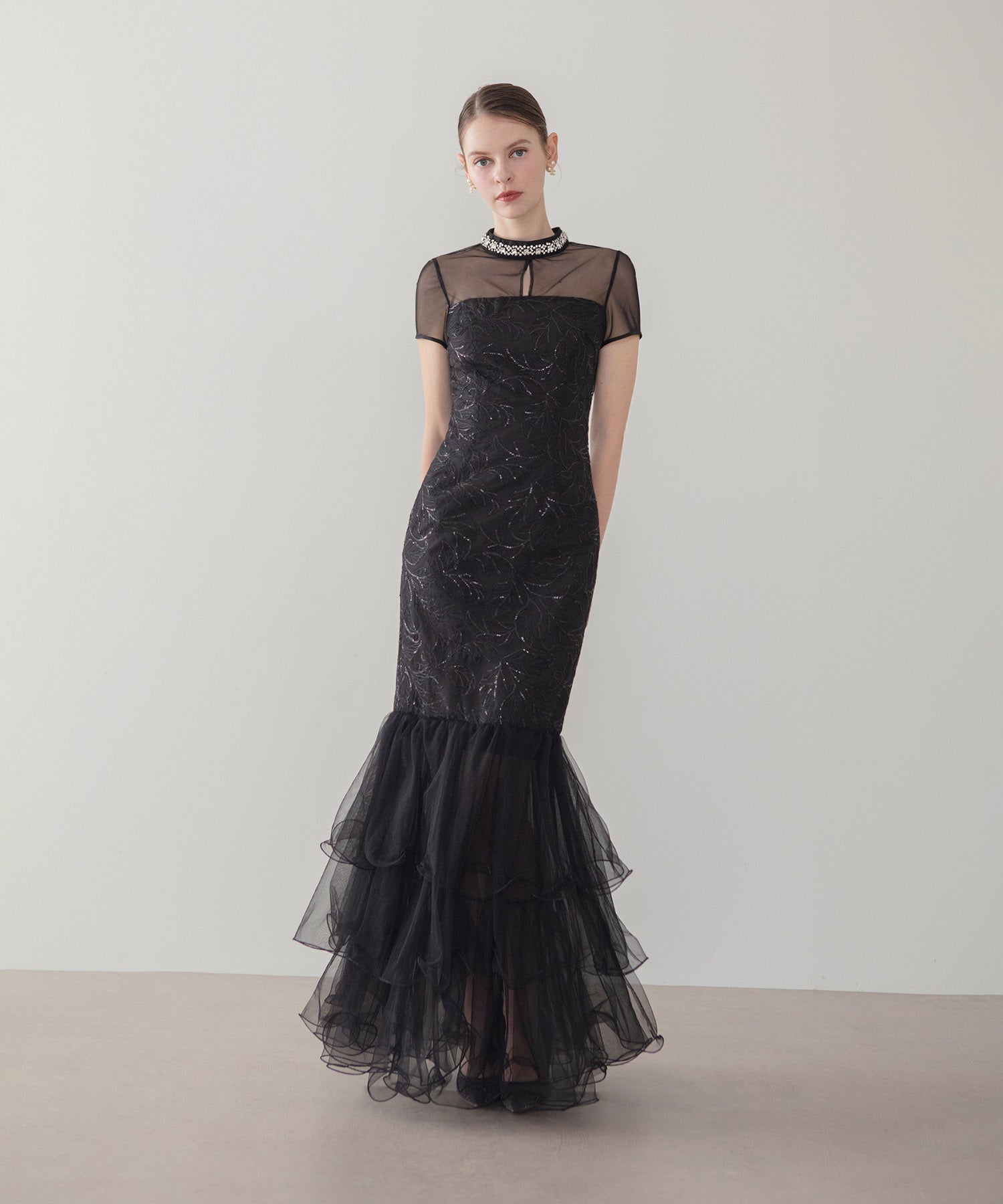 【LEJA LUXE】ネックビジュースパンコールシアーティアードマーメイドドレス