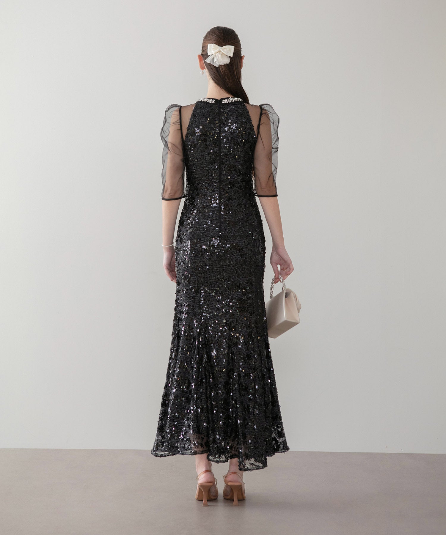 【SOLD OUT】ビジューネックスパンコールシアーマーメイドワンピースドレス