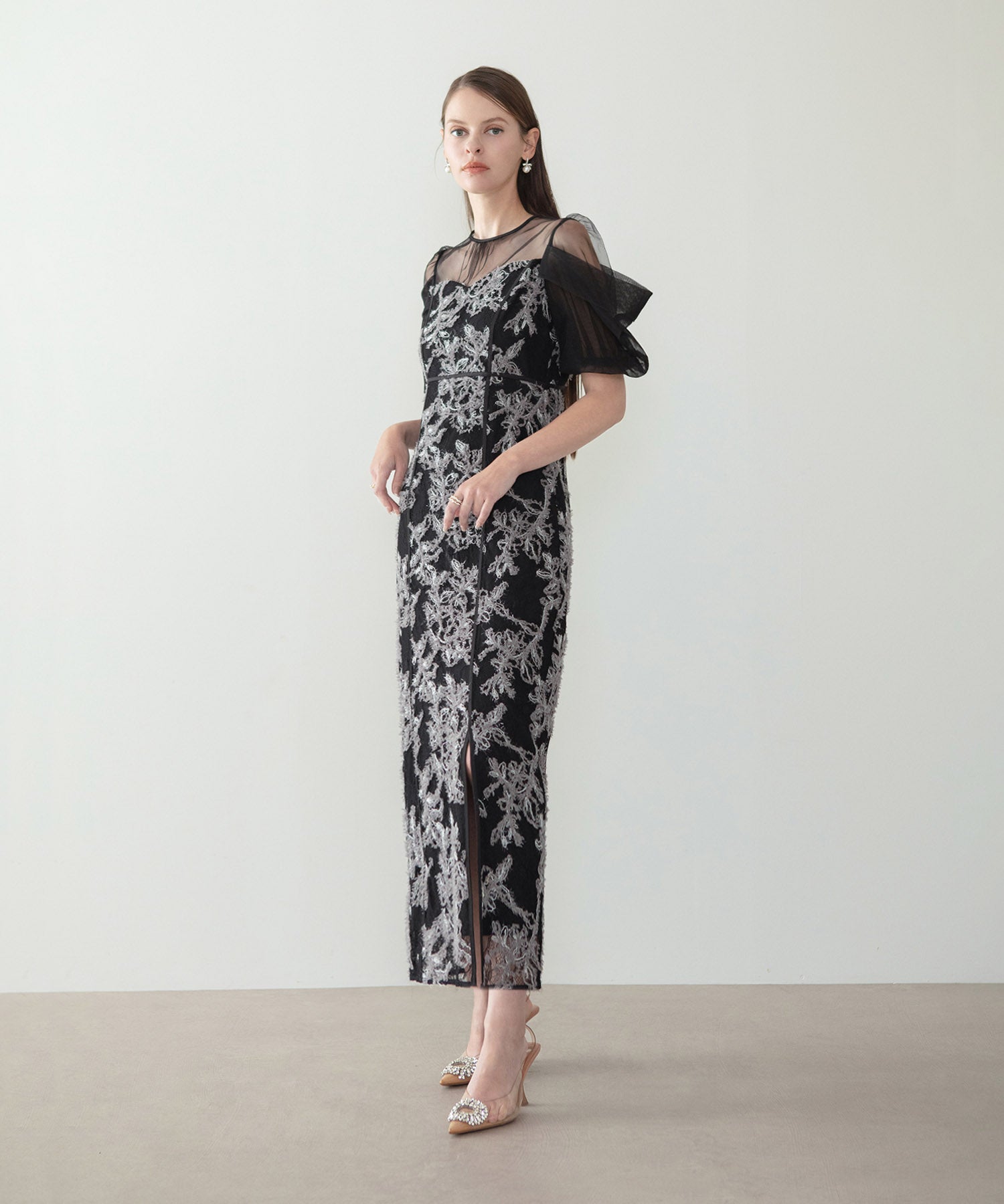 【当日発送】ラメシャギーフラワーシアースリーブIラインワンピースドレス