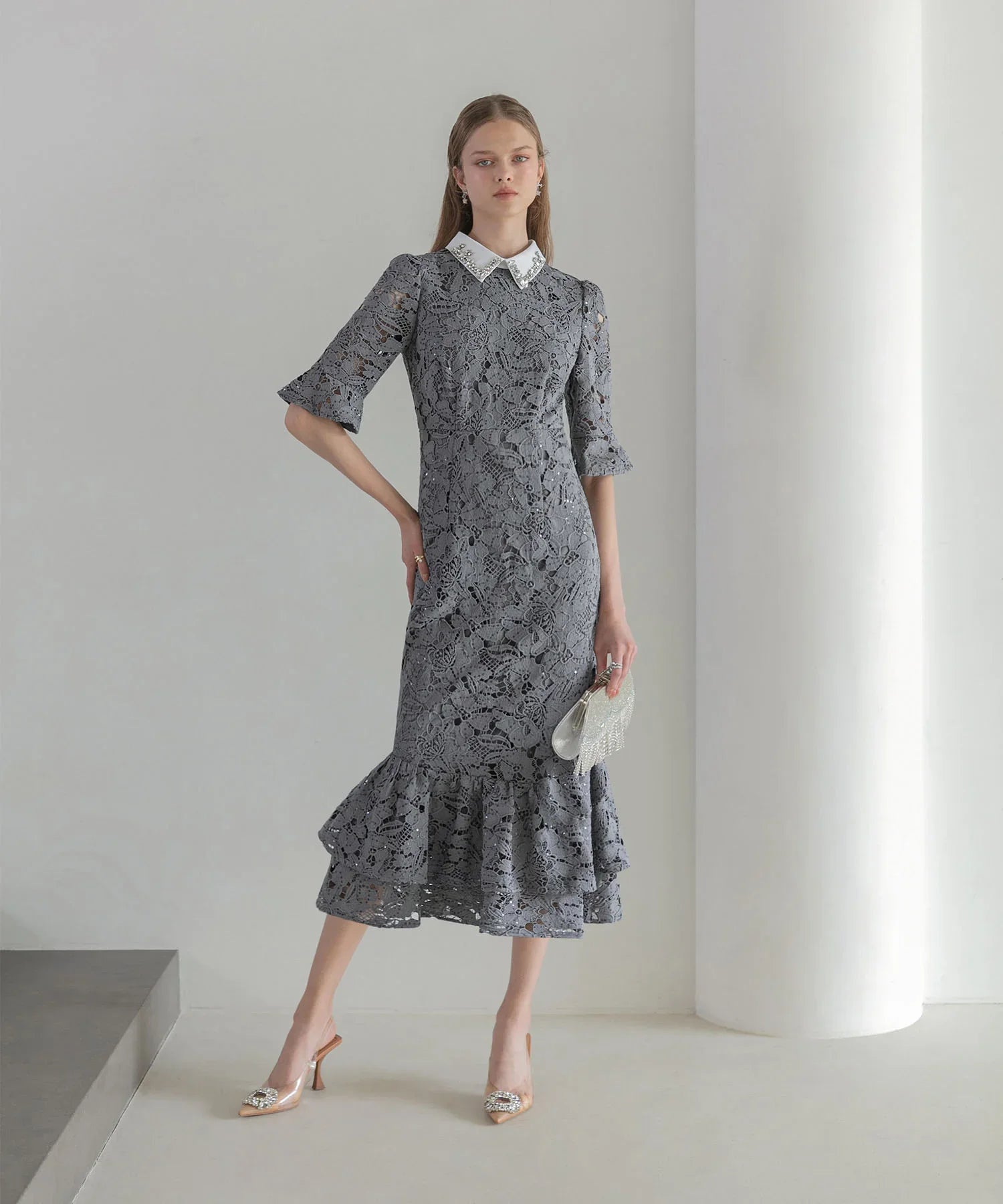 【当日発送】ビジューカラーフラワーフリルマーメイドワンピースドレス