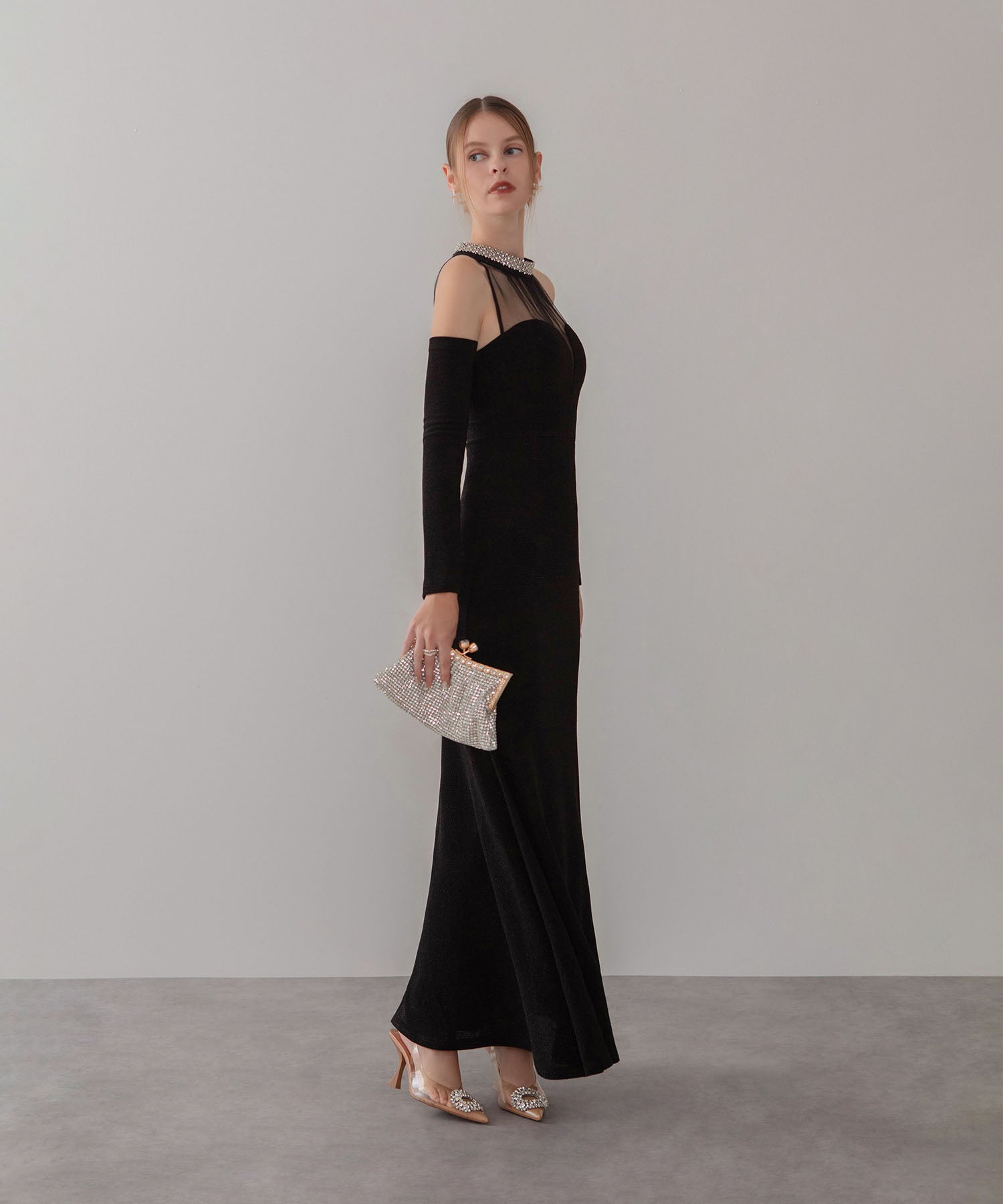 【LEJA LUXE】シアーネックビジューデザインブラックマーメイドロングドレス