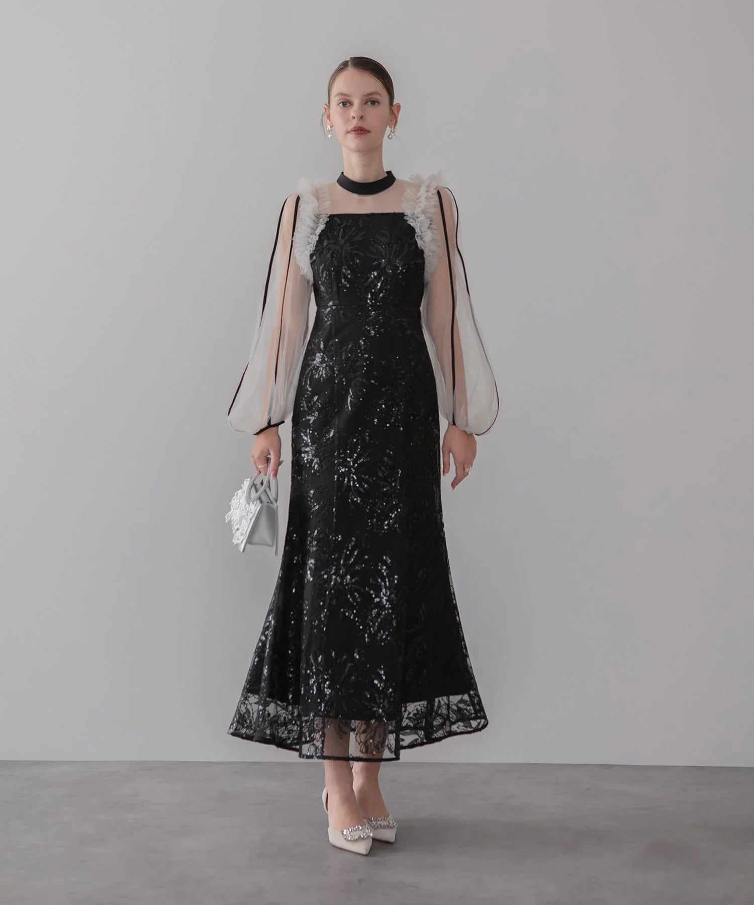 【当日発送】フラワースパンコールチュールフリルロングスリーブマーメイドワンピースドレス