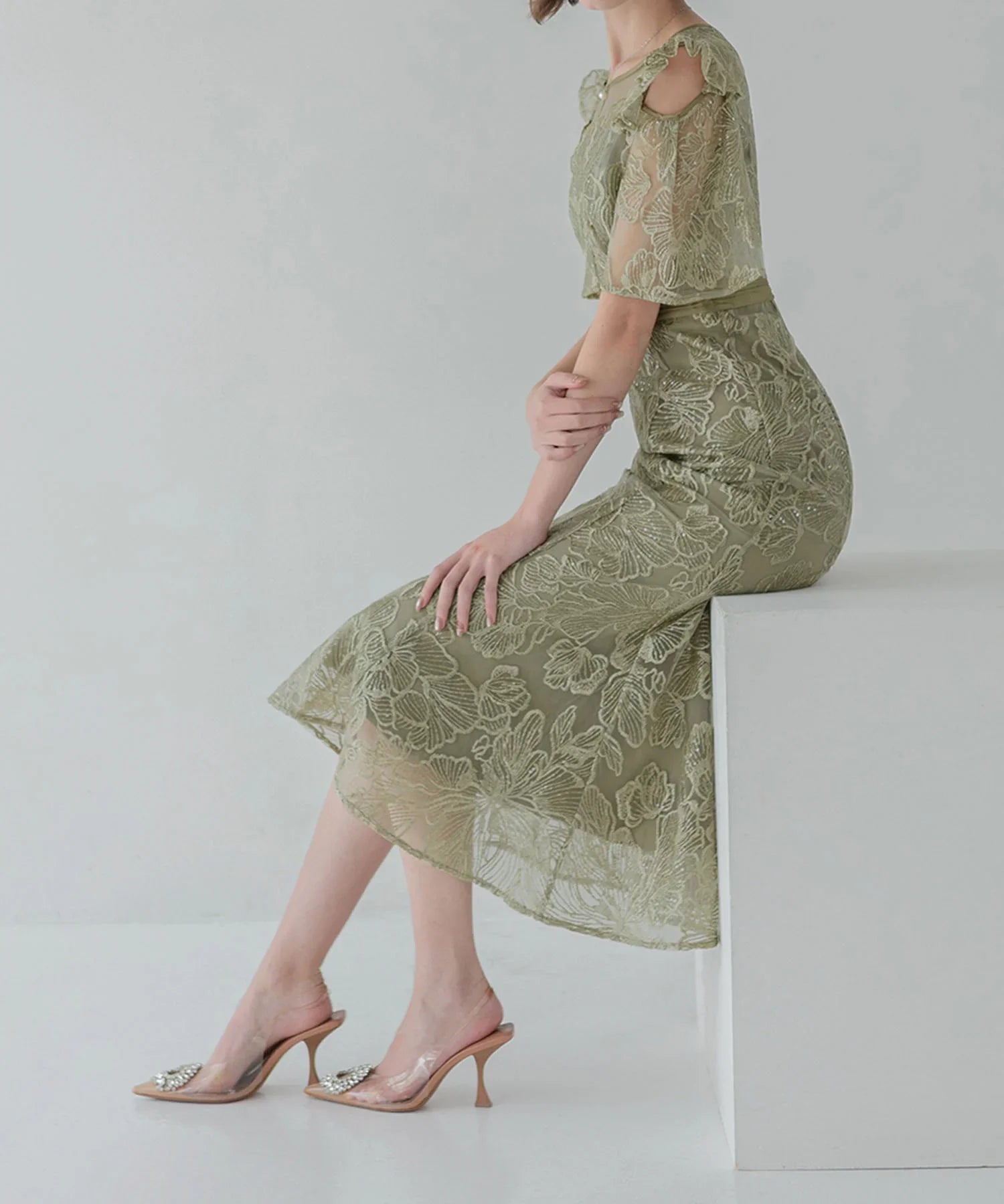 【当日発送】フラワーレースシアーフリルマーメイドワンピースドレス