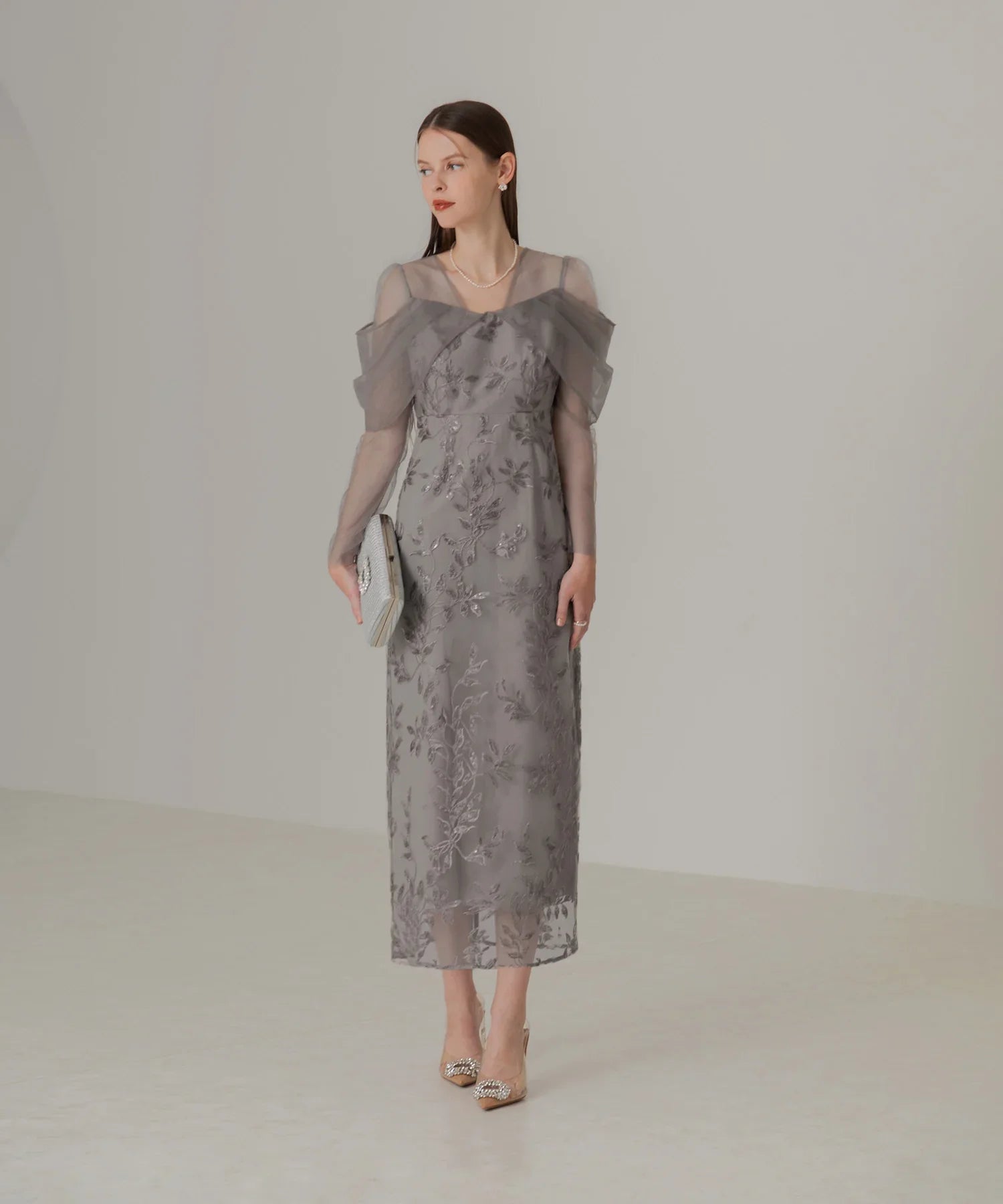 【一部当日発送】チュールロングスリーブリーフIラインワンピースドレス