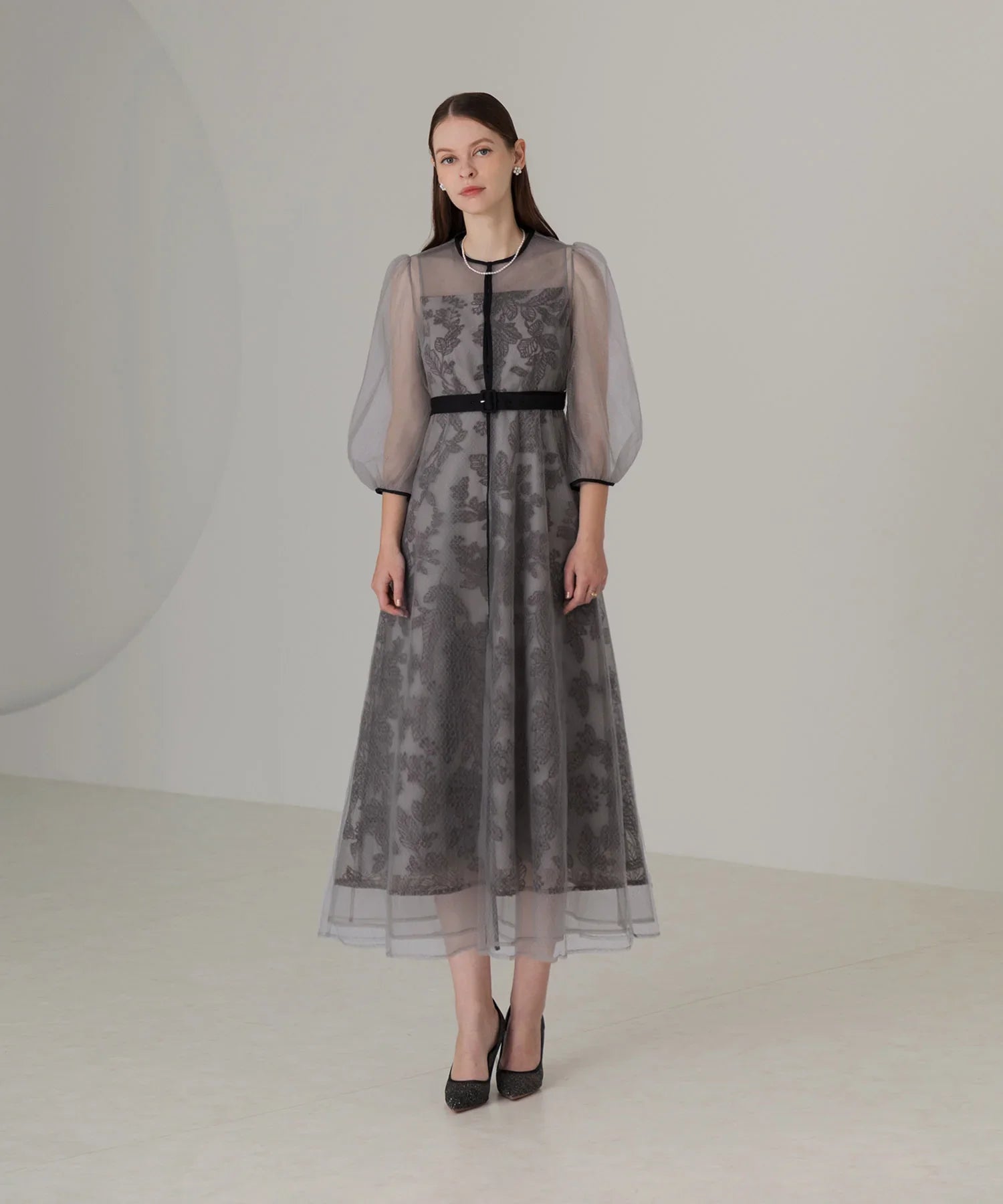 【当日発送】チュールパイピングリーフベルトAラインワンピースドレス