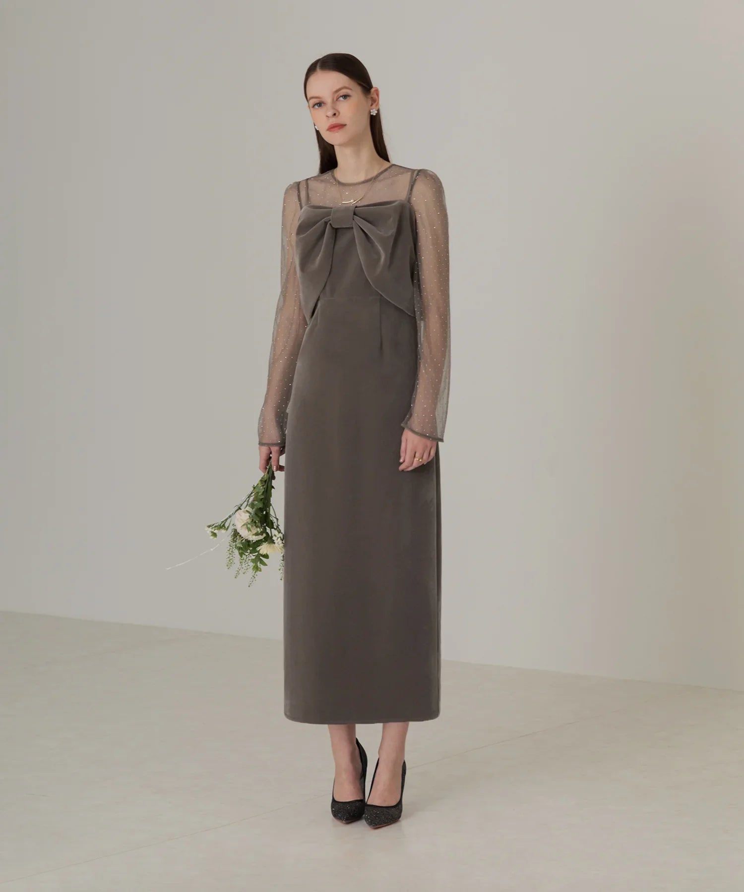 【当日発送】2WAYリボンビスチェドットストーンベロアワンピースドレス