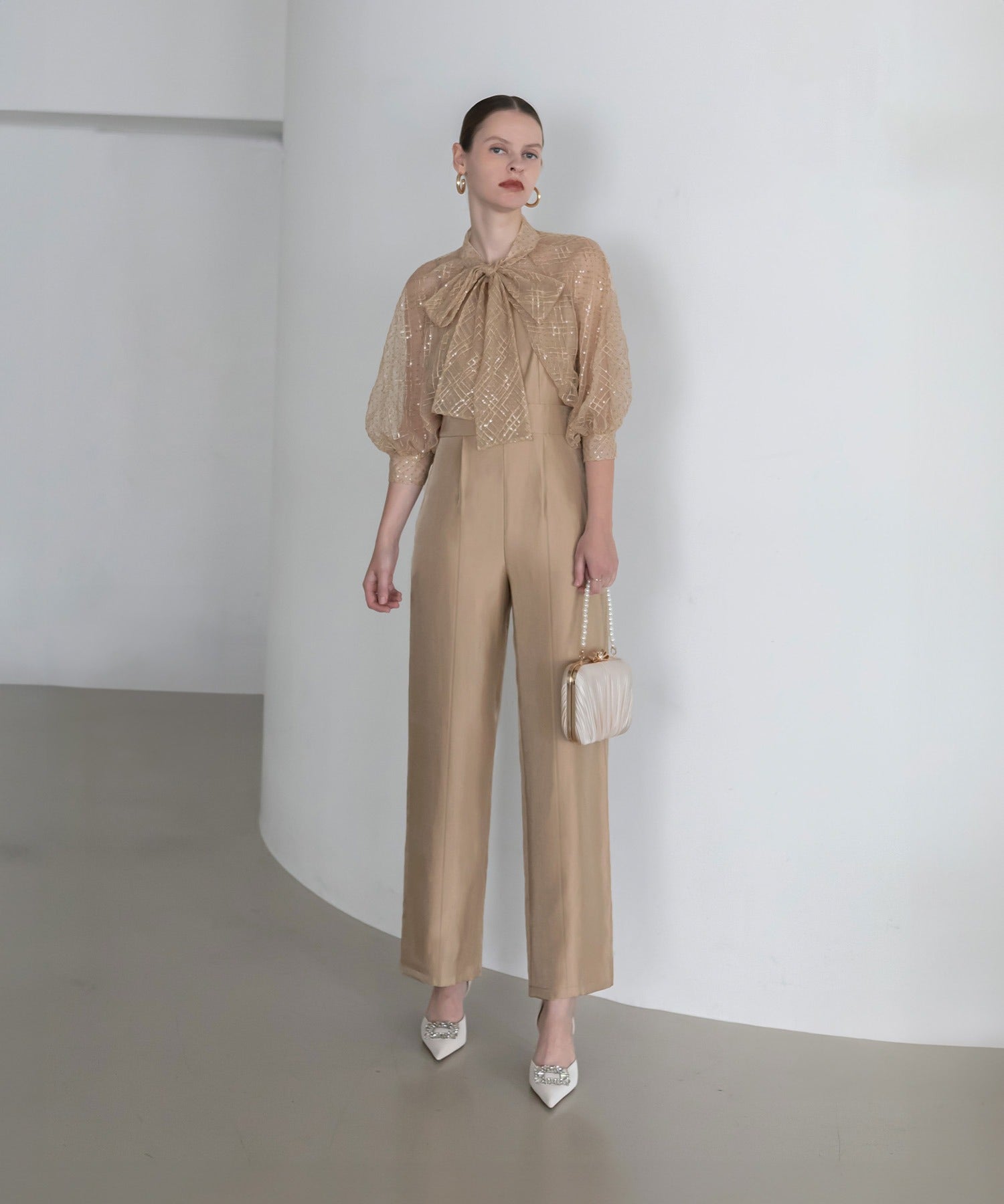 【当日発送】ドットスパンコールリボンボレロオールインワンパンツドレス