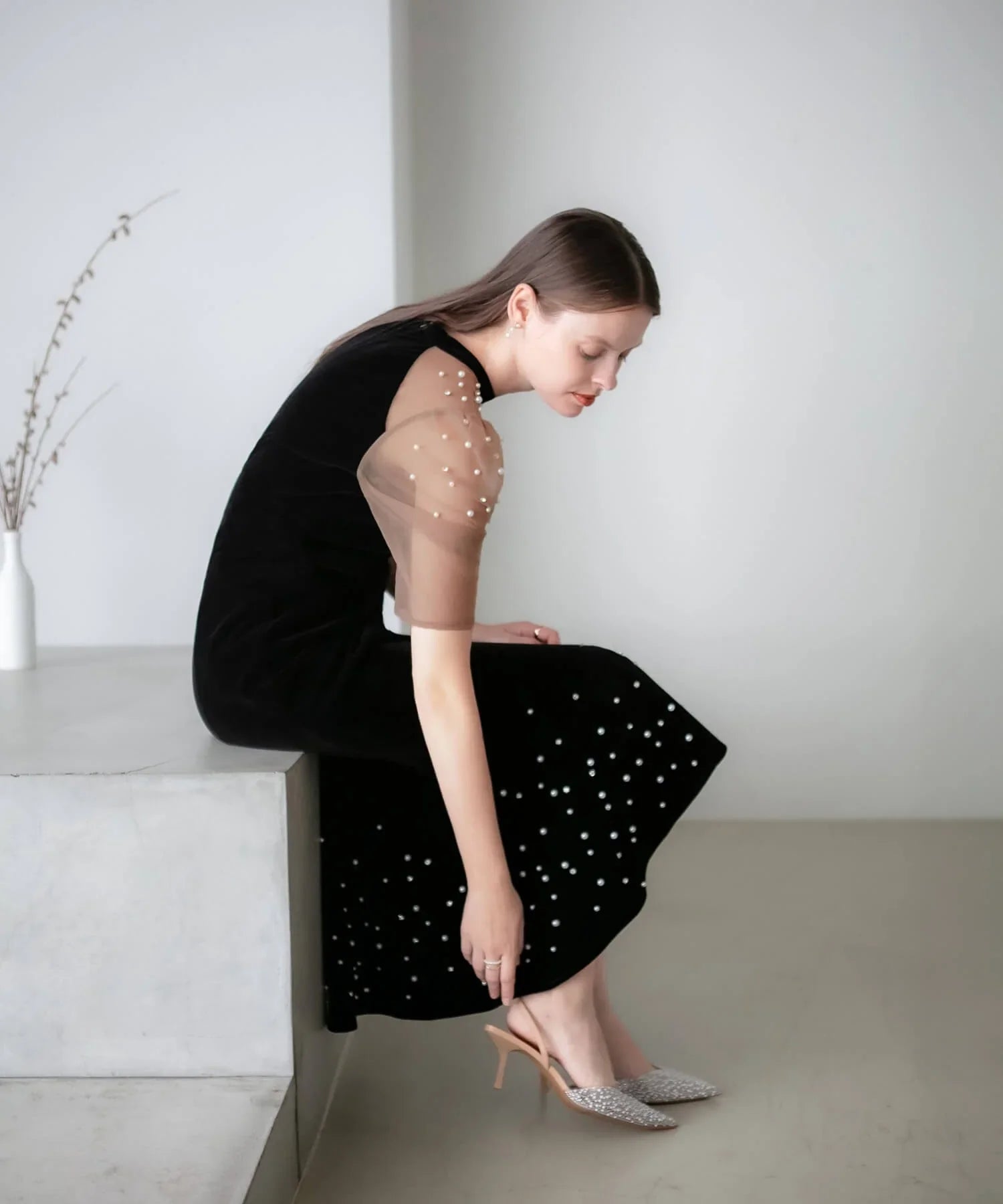 【当日発送】シアースリーブパールビジューベロアマーメイドワンピースドレス