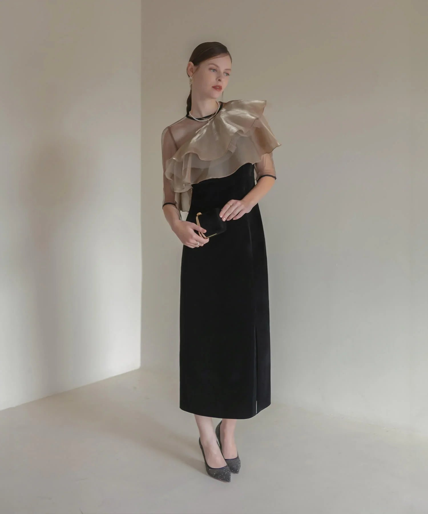 【当日発送】アシンメトリーティアードフリル3WAYベロアワンピースドレス