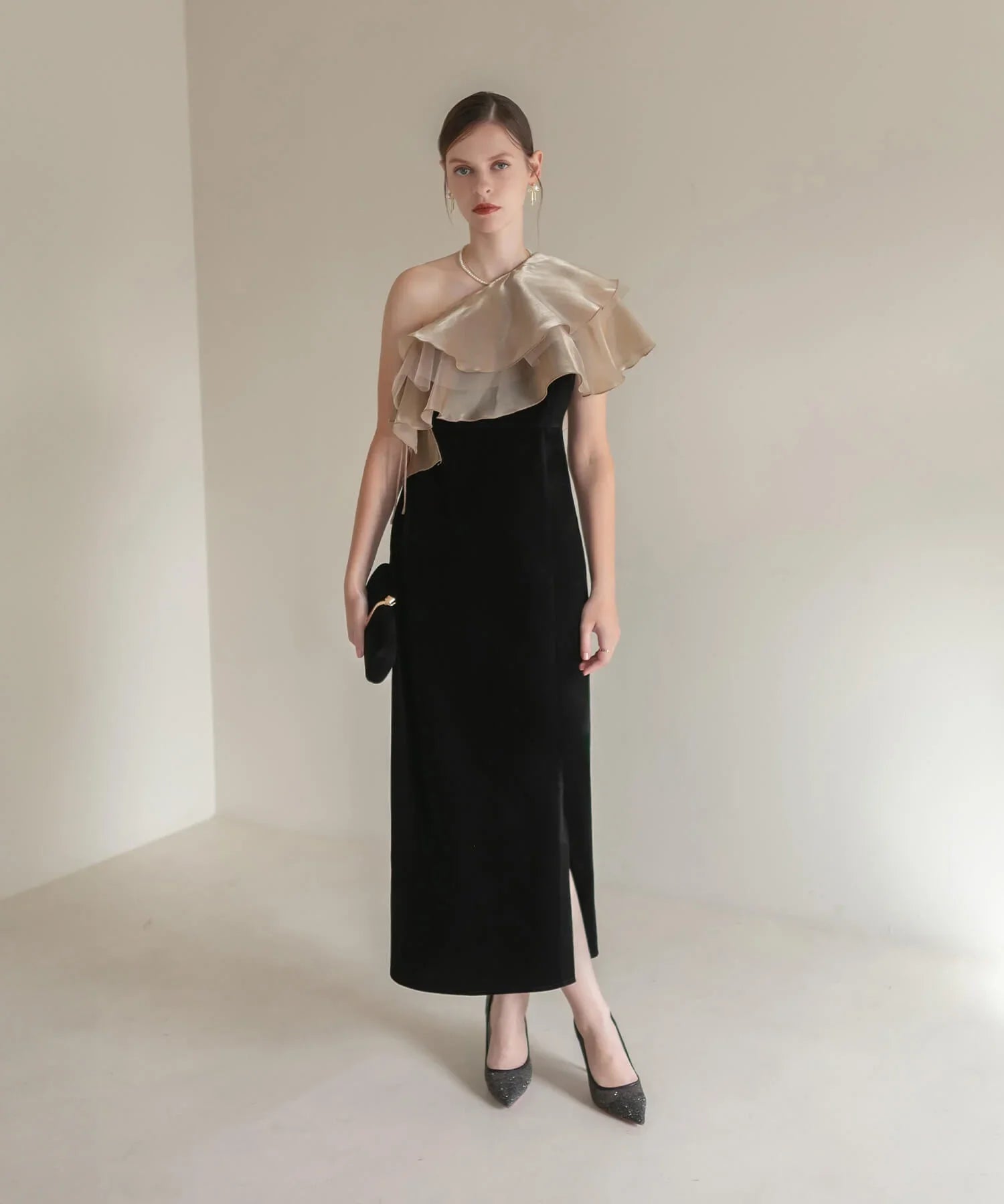 【当日発送】アシンメトリーティアードフリル3WAYベロアワンピースドレス