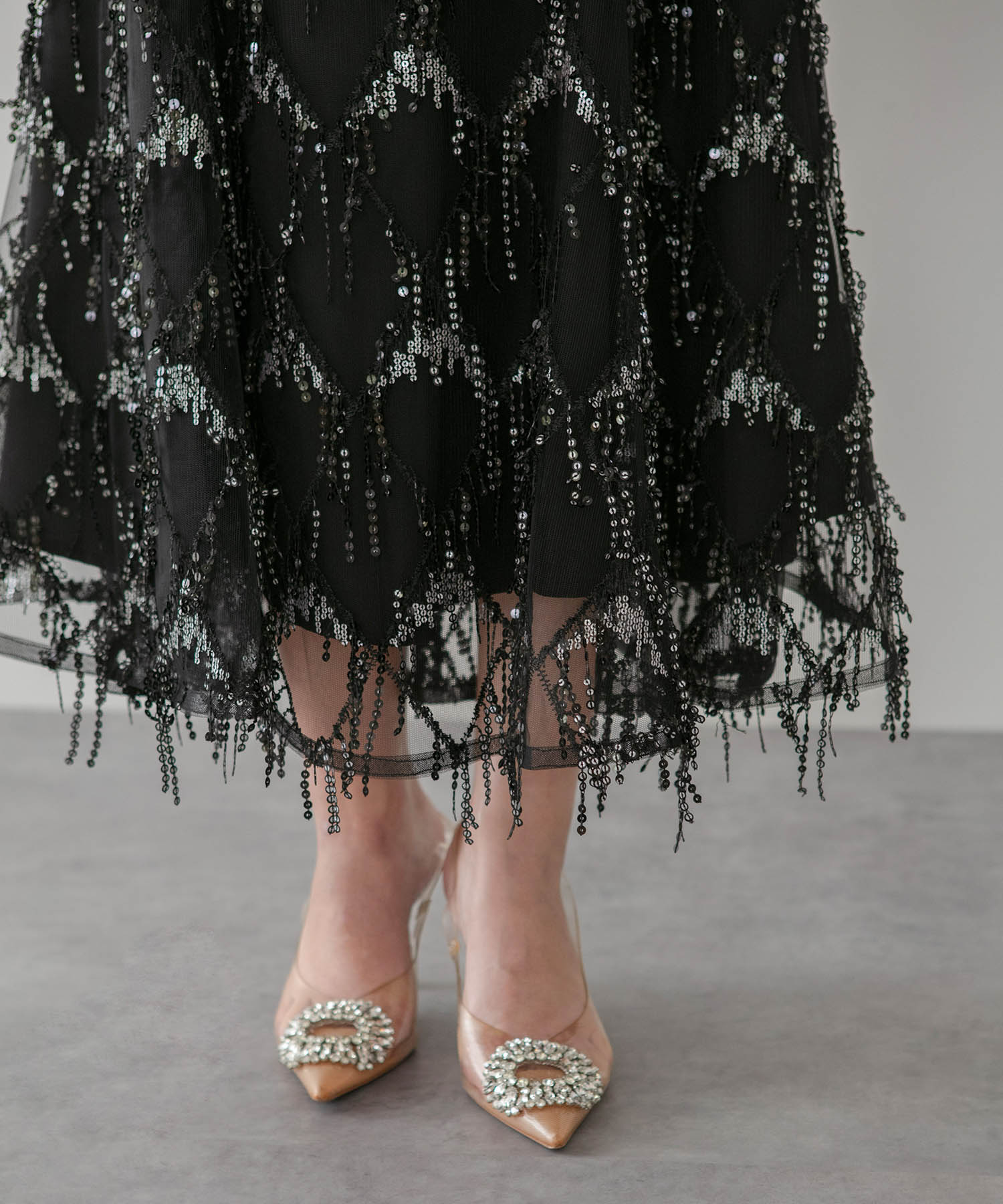 【当日発送】チュールスリーブスパンコールマーメイドワンピースドレス