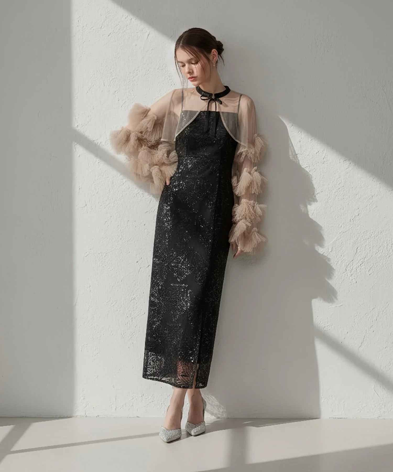 【当日発送】フリルチュールスリーブリボンIラインワンピースドレス