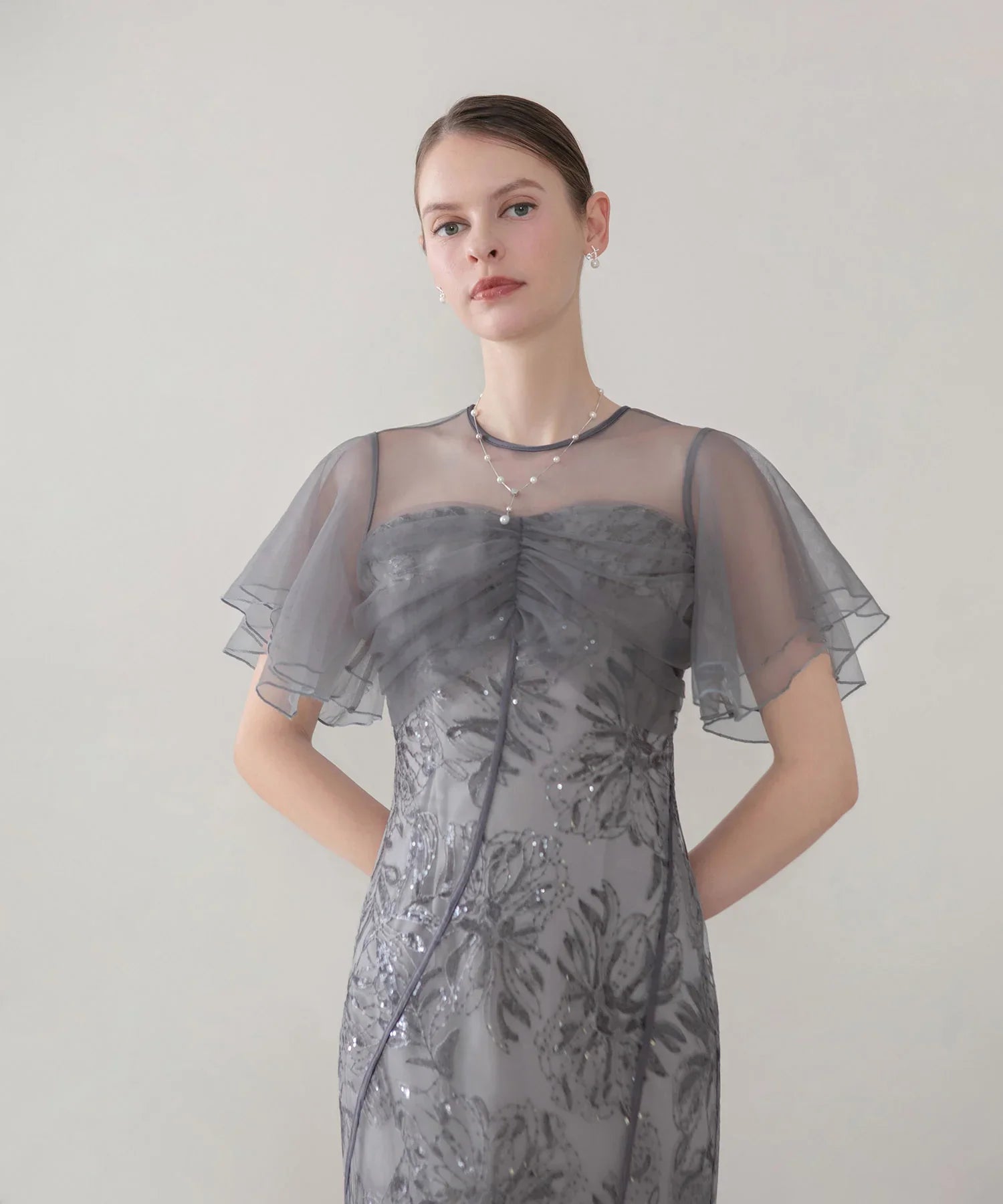 【予約販売】フラワースパンコールチュールフレアスリーブマーメイドワンピースドレス