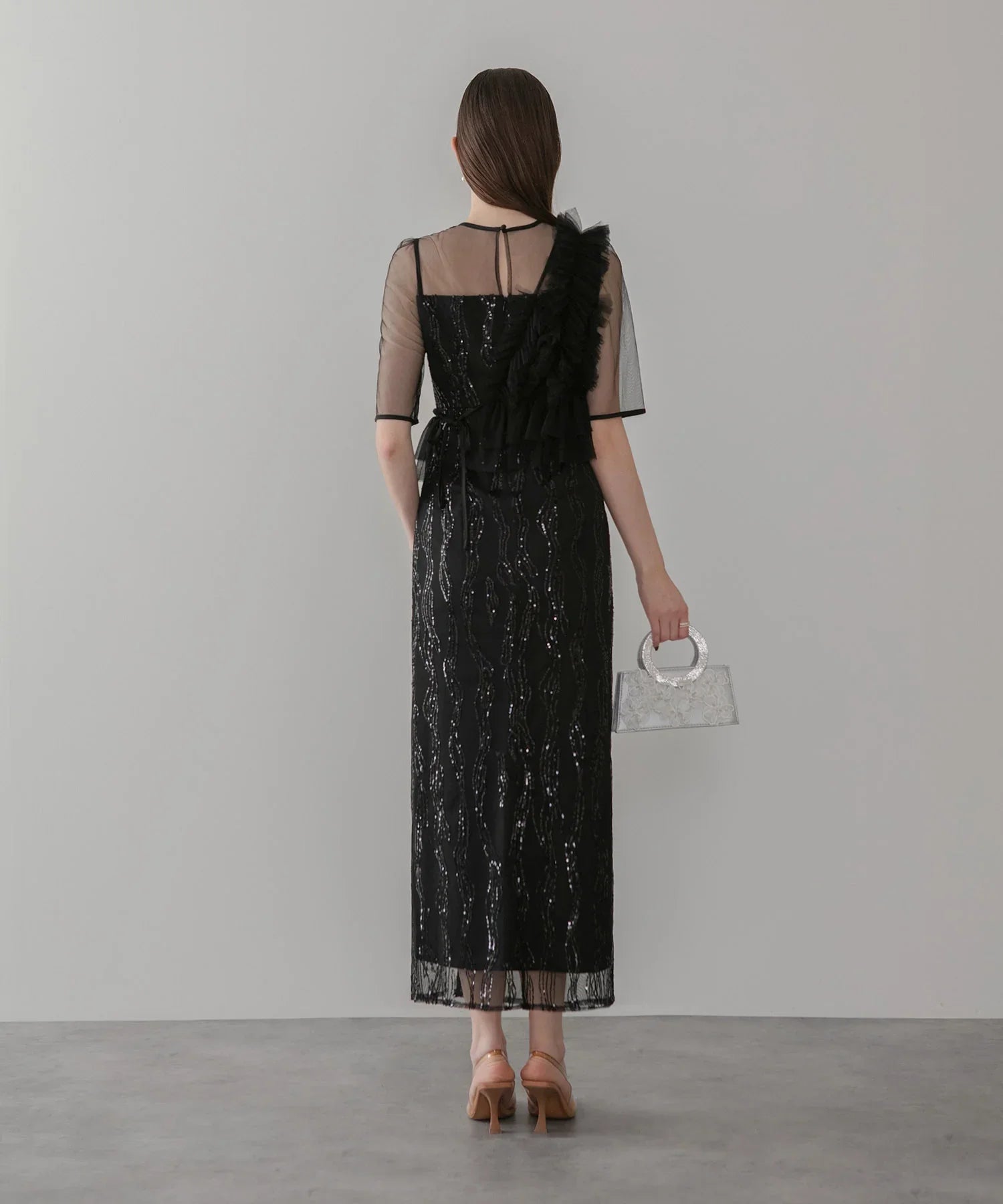 【当日発送】アシンメトリーフリルチュールIラインワンピースドレス