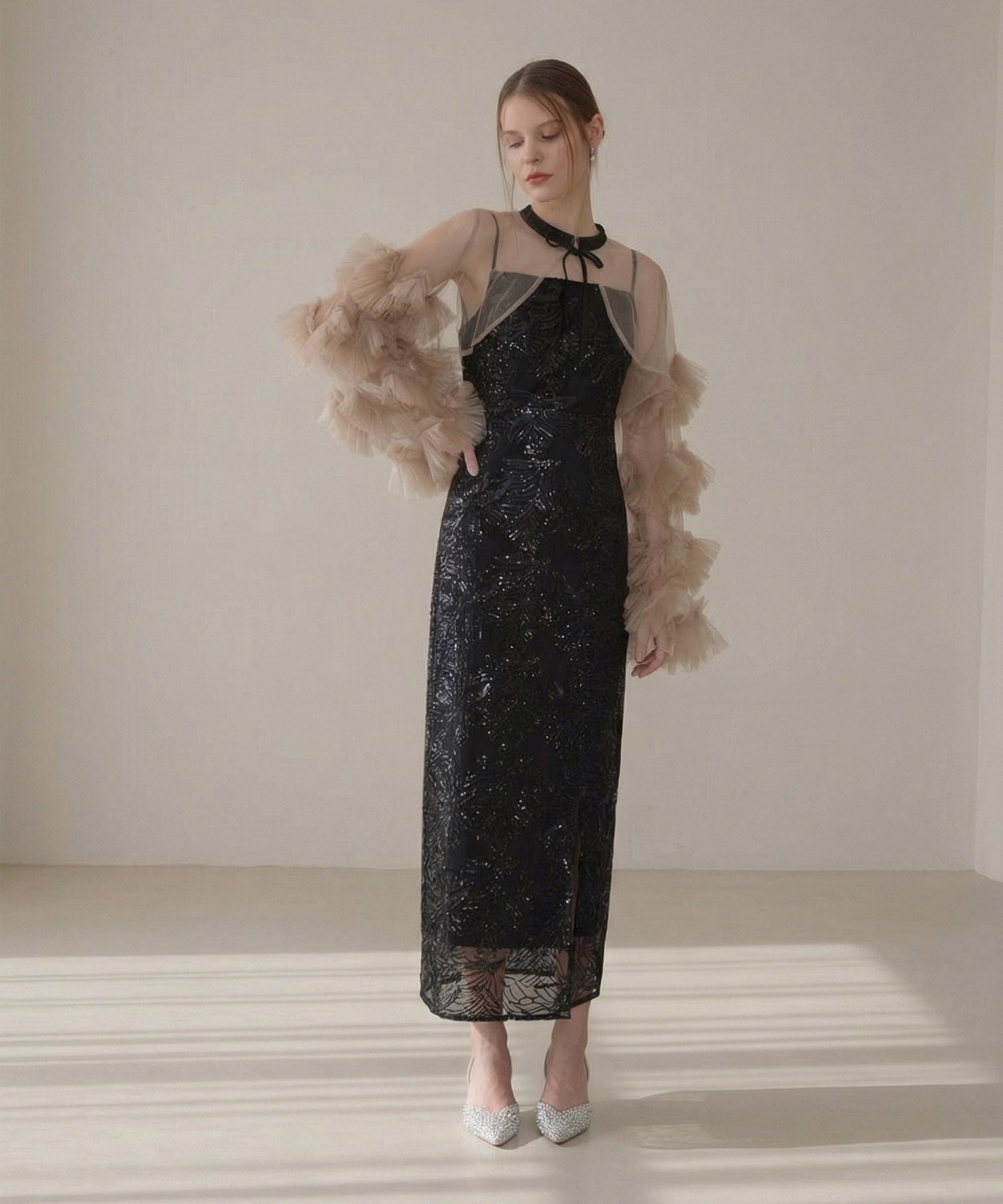 【当日発送】フリルチュールスリーブリボンIラインワンピースドレス