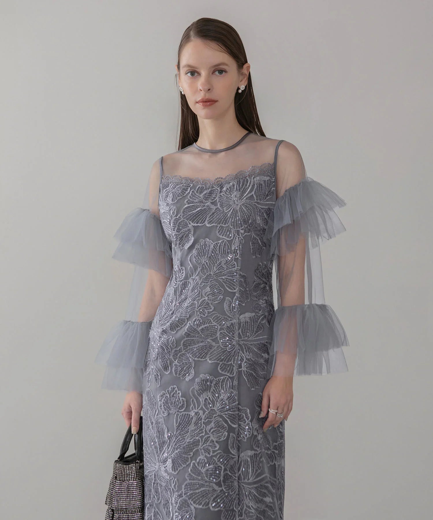 【当日発送】フリルチュールスリーブレースIラインワンピースドレス