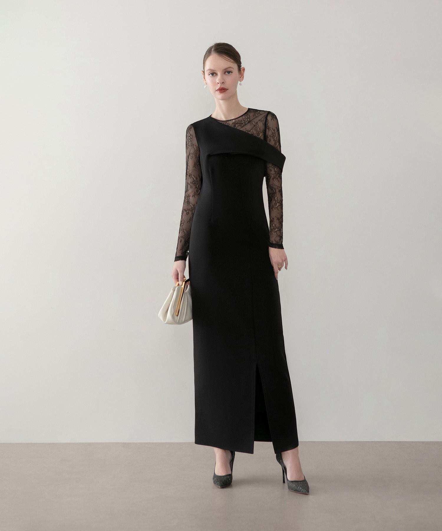 【当日発送】アシンメトリーレースレイヤードフロントスリットセットアップドレス