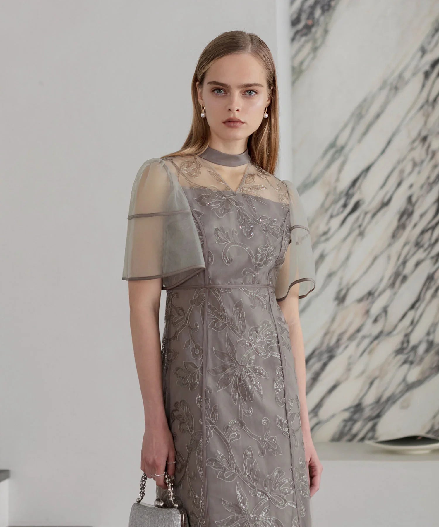 【当日発送】スパンコールフラワーIラインワンピースドレス